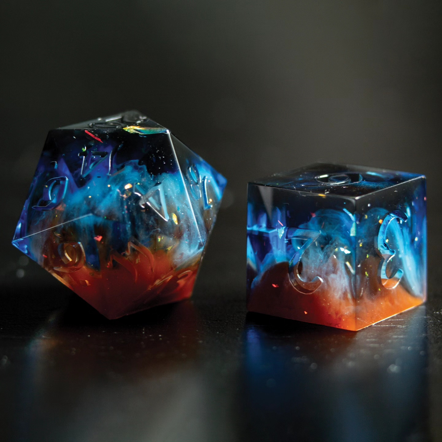 D20 and d6 handmade dice, unsanded, unpolished, and uninked. Made to look like the Cosmic cliffs.
