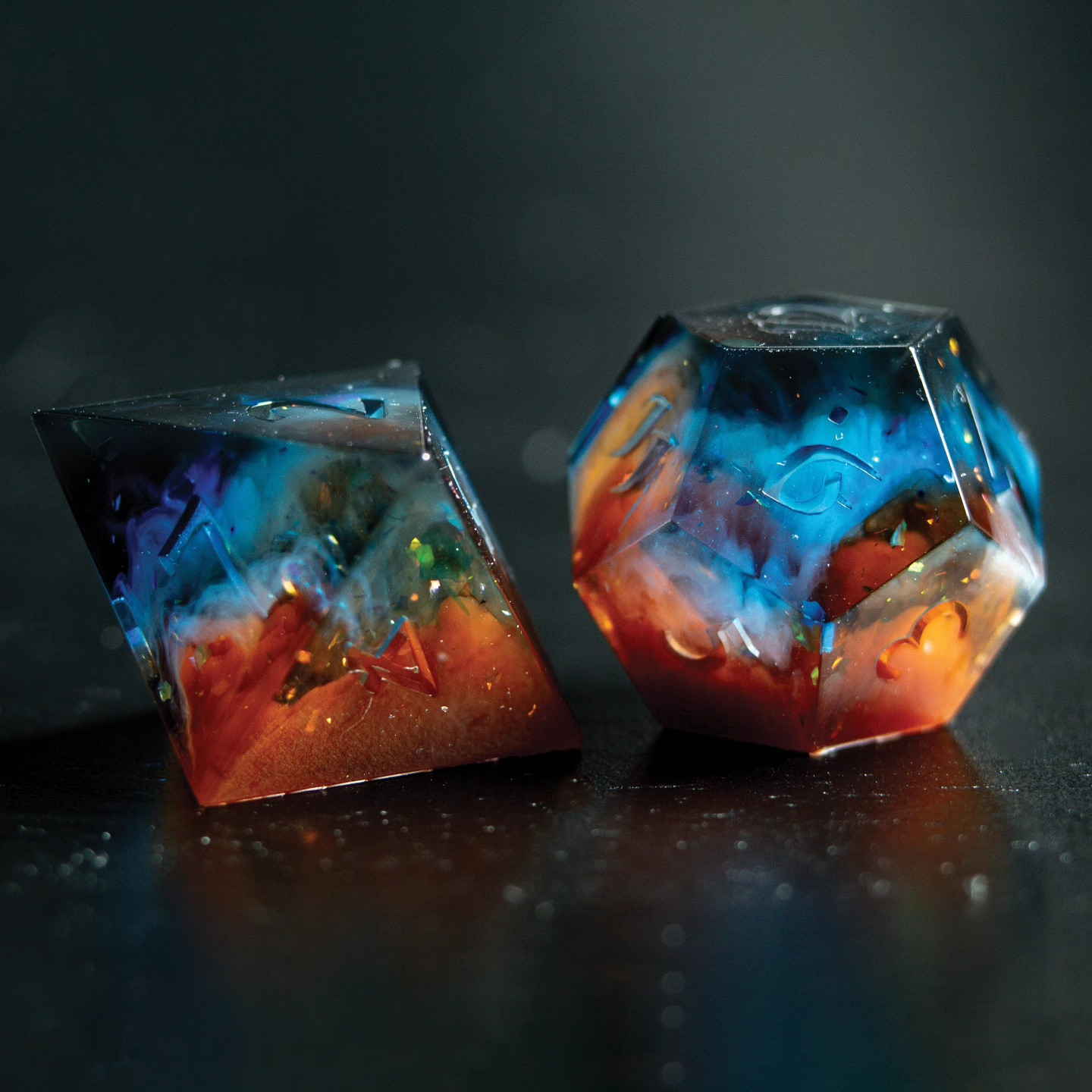 D8 and d12 handmade dice, unsanded, unpolished, and uninked. Made to look like the Cosmic cliffs.