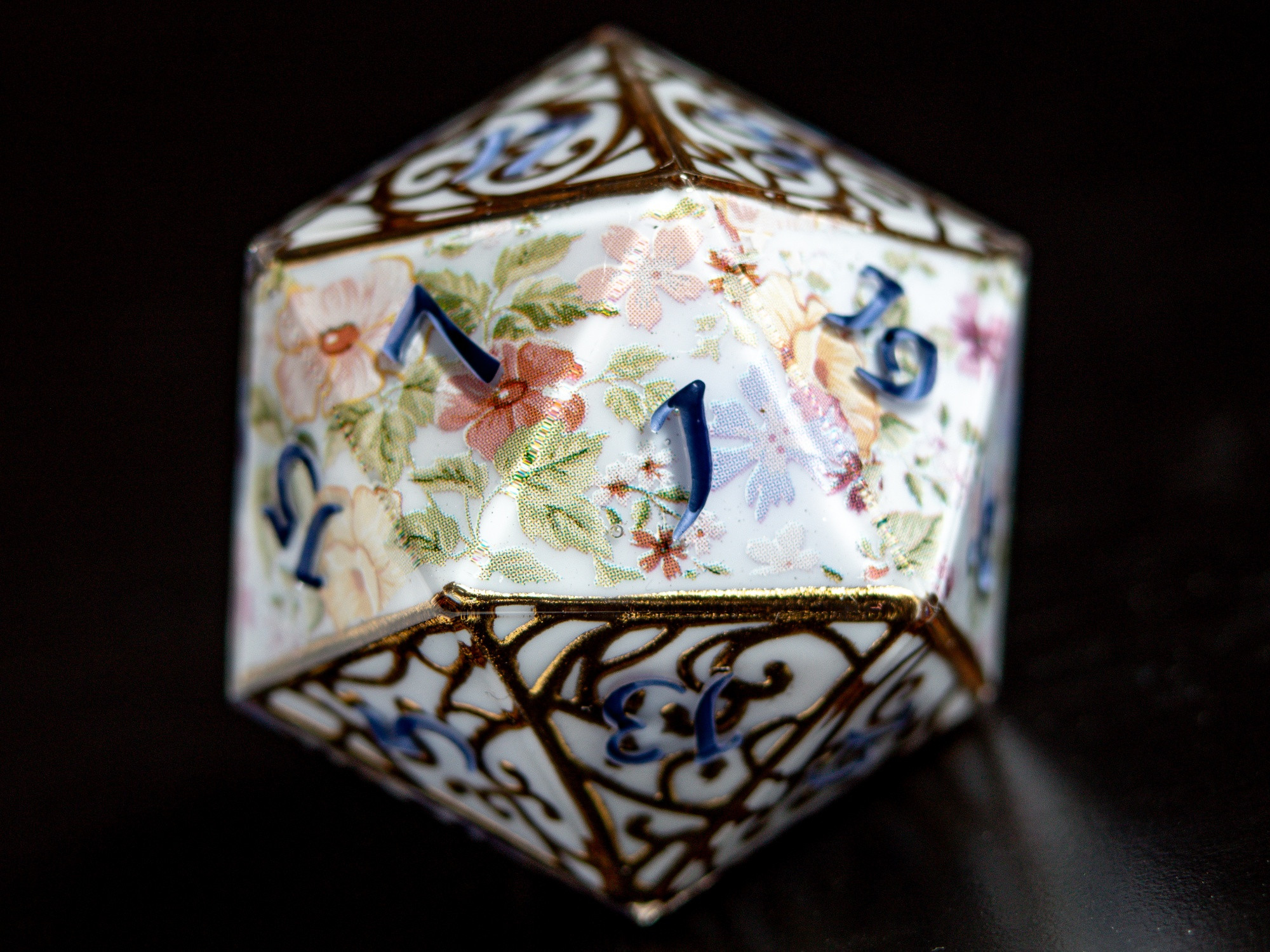 Handmade regency era 32mm D20 with handpainted gold filigree. 