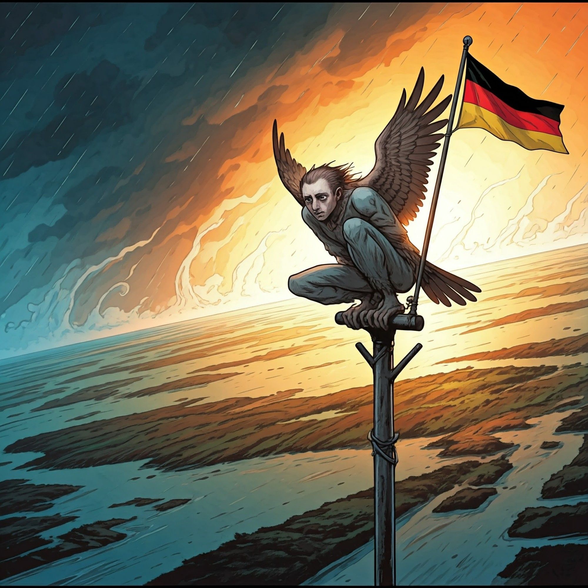 Ein Mensch mit Adler Flügel sitzt auf einem hohen Pfahl mit einer Deutschlandflagge. Er schaut auf eine total überschwemmte Landschaft..