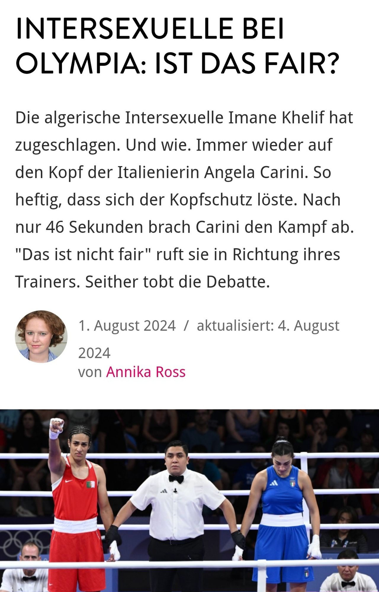 Screenshot des Artikels der Emma mit der Schlagzeile „Intersexuelle bei Olympia: Ist das fair?“