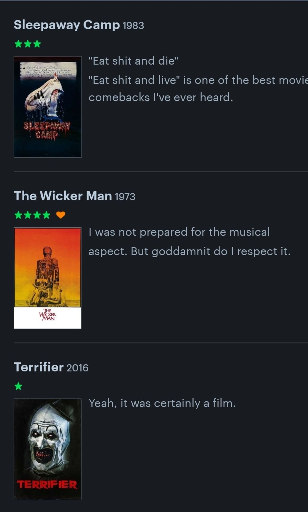 Reviews for the films Sleepaway Camp (3 stars), The Wicker Man (original, 4 stars), and Terrifier (1 star.)