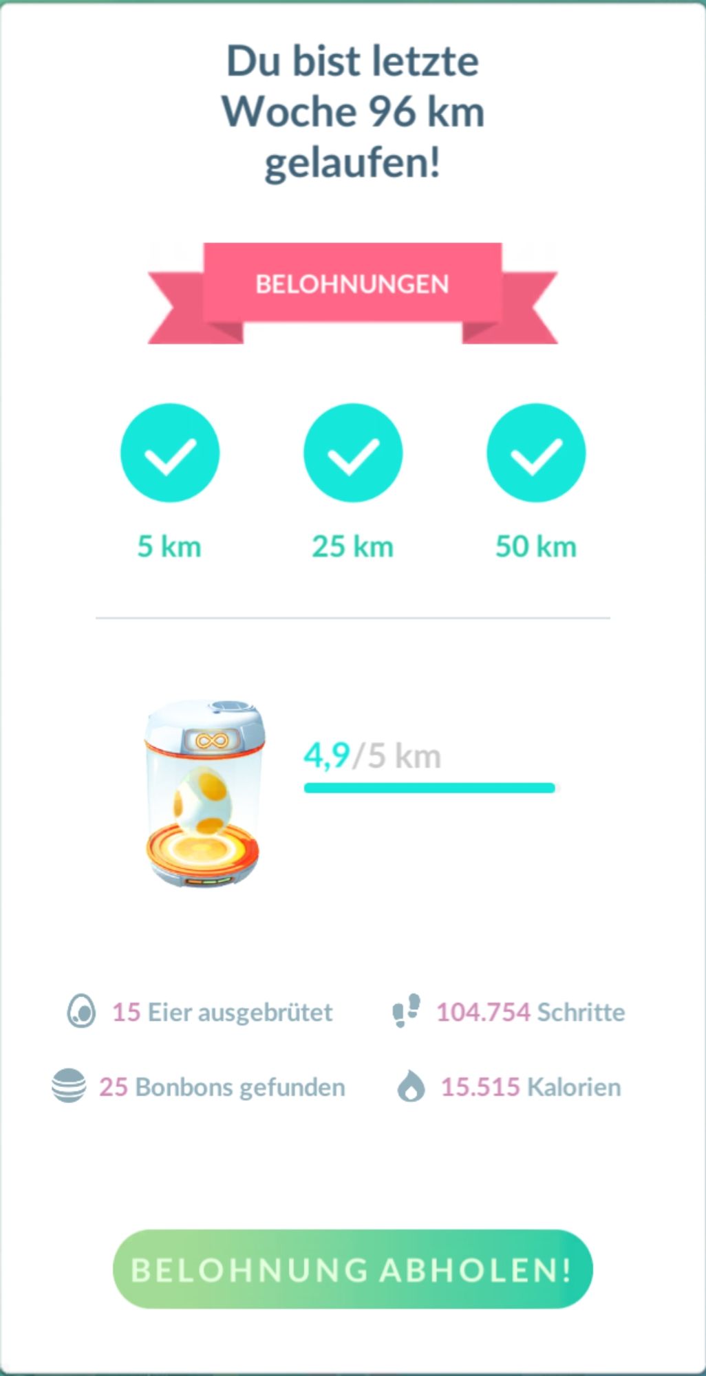 pokemon go screenshot der abenteuer-sync-belohnungen - du bist letzte woche 96 km gelaufen!
15 eier ausgebrütet | 104.754 schritte | 25 bonbons gefunden | 15.515 kalorien