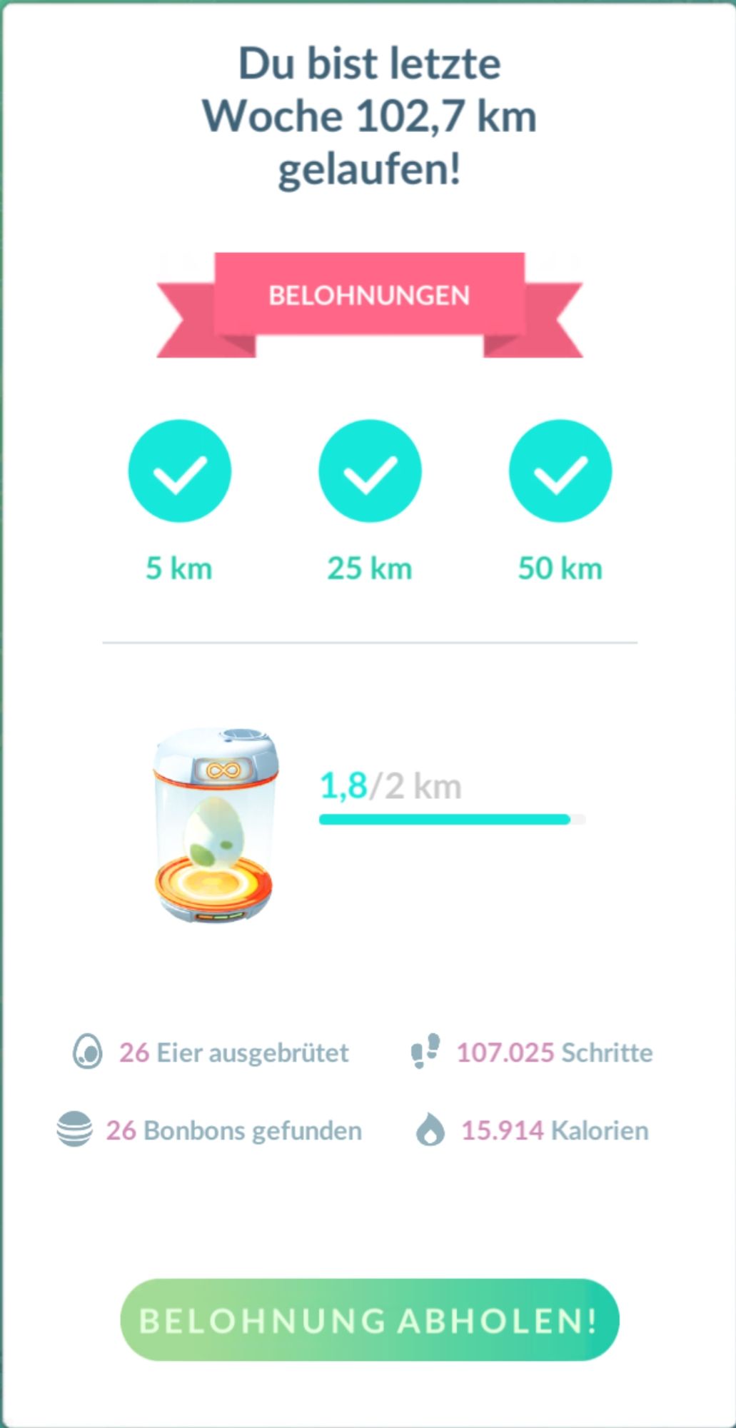 pokemon go screenshot der abenteuer-sync-belohnungen - du bist letzte woche 102,7 km gelaufen!
26 eier ausgebrütet | 107.025 schritte | 26 bonbons gefunden | 15.914 kalorien