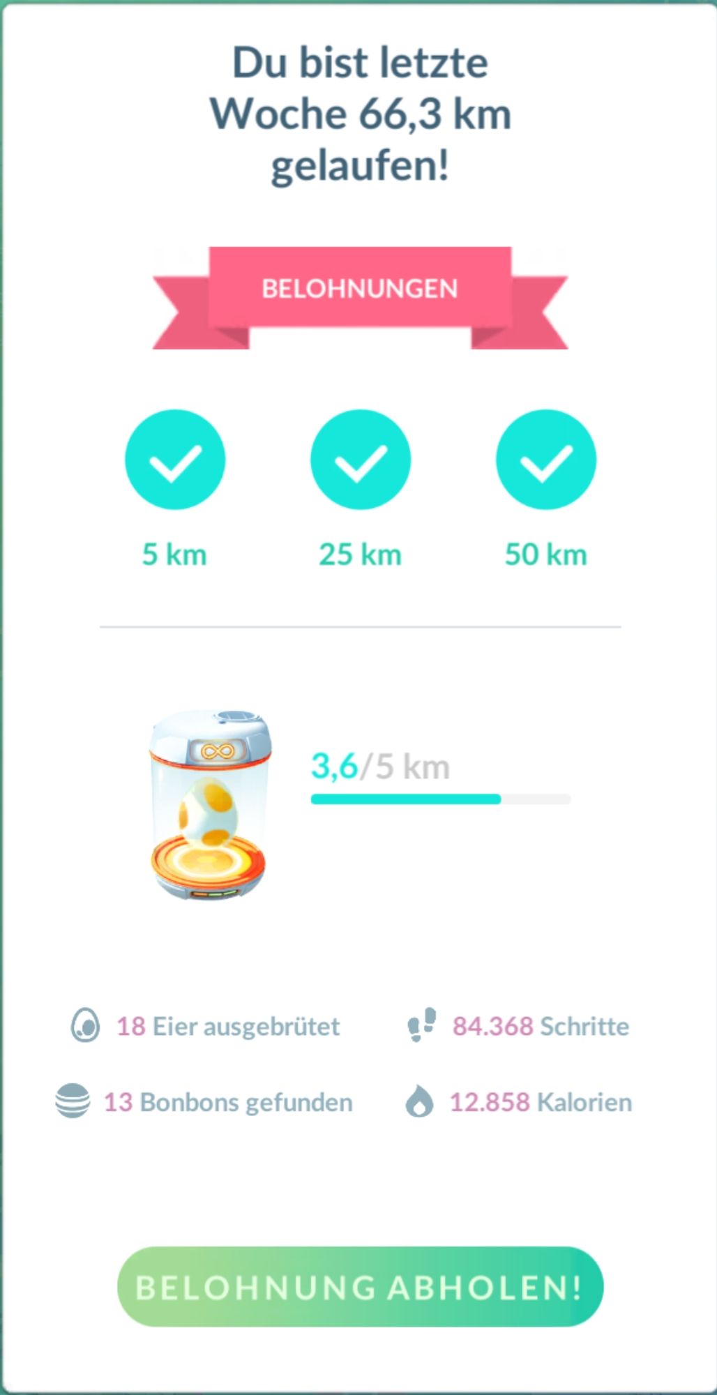 pokemon go screenshot der abenteuer-sync-belohnungen - du bist letzte woche 66,3 km gelaufen!
18 eier ausgebrütet | 84.368 schritte | 13 bonbons gefunden | 12.858 kalorien