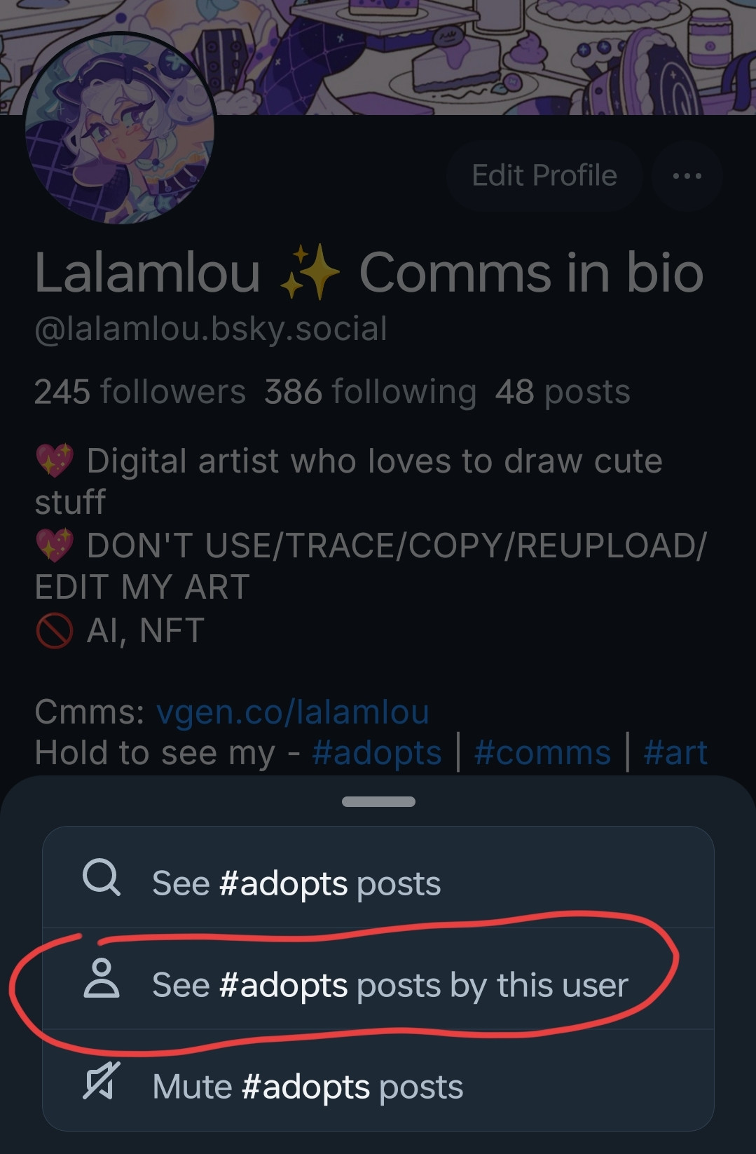 Image pointing the "see #adopts posts by this user"