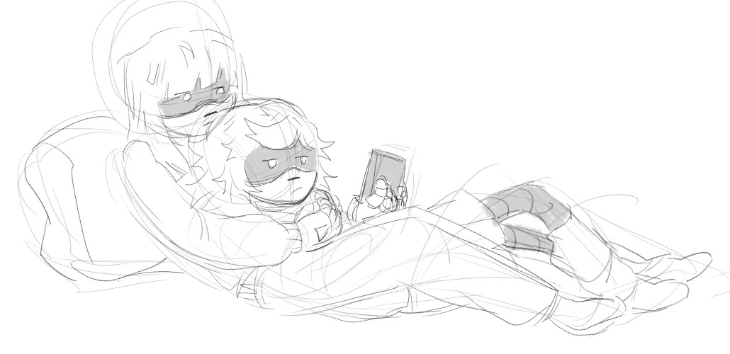 A messy, uncolored doodle of Doll and Lizzy from Murder Drones. They're laying in bed, with Lizzy laying on her back on top of Doll. She's on her phone while Doll watches her. They're in casual clothes, and neither of them are wearing their signature hats.