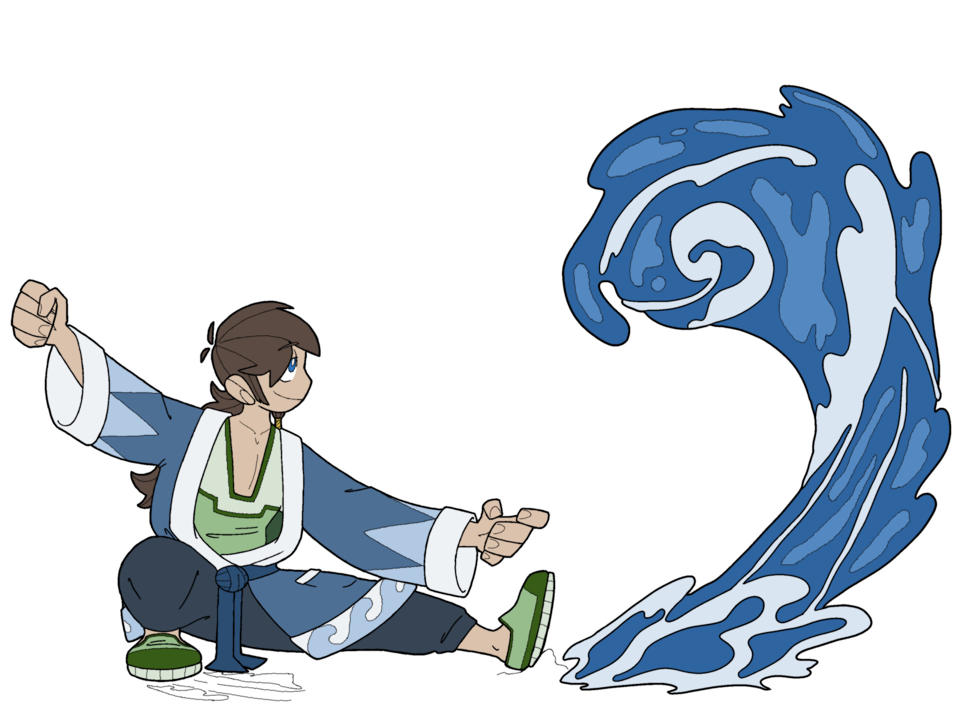 A water bender in blue and green clothes crouching very low with arms outstretched as a large water spout rises infront of them