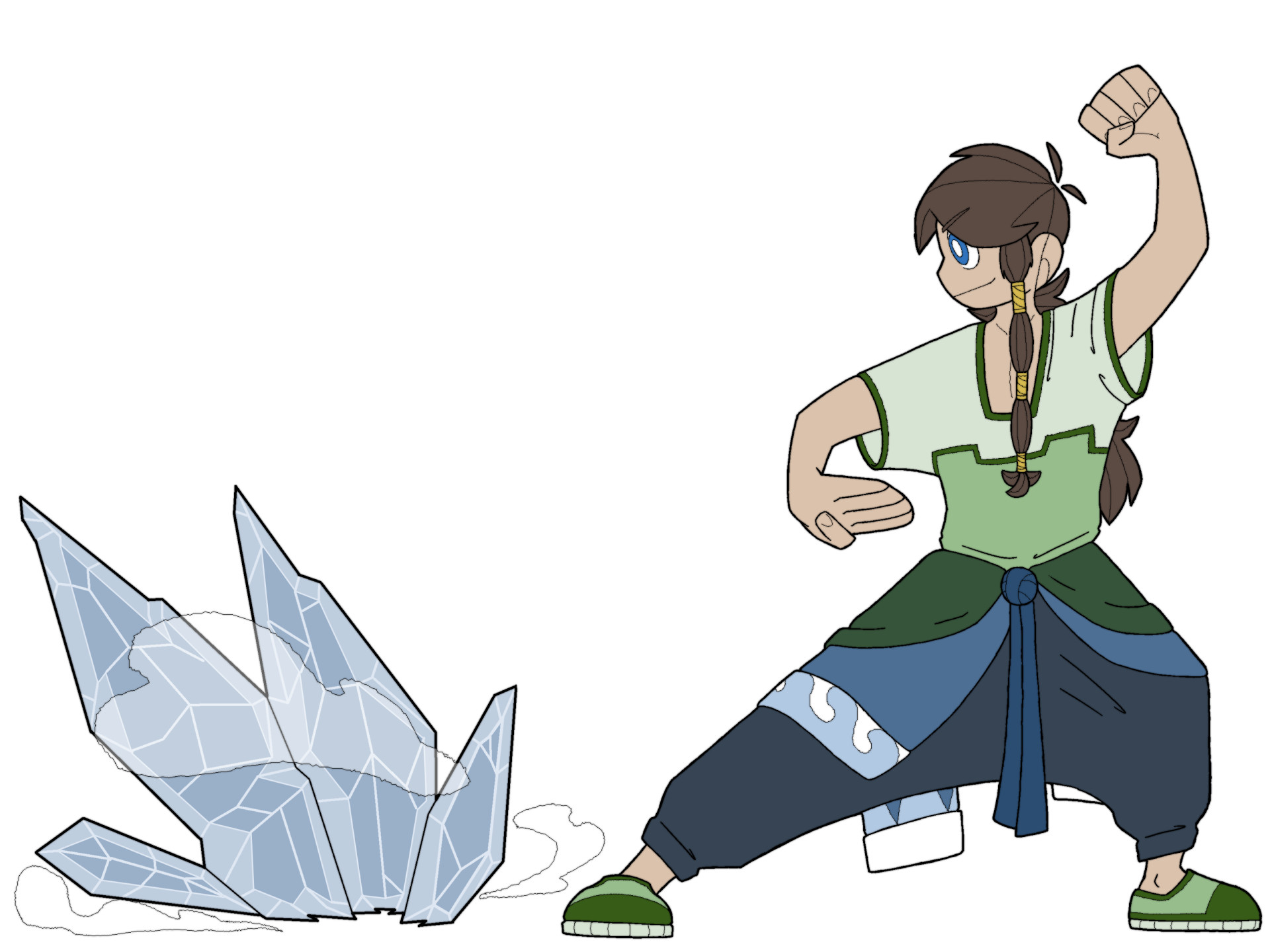 a water bender in blue and green clothes standing in a wide stance with one hand infront of them and one hand above their head as large ice spikes rise from the ground infront of them