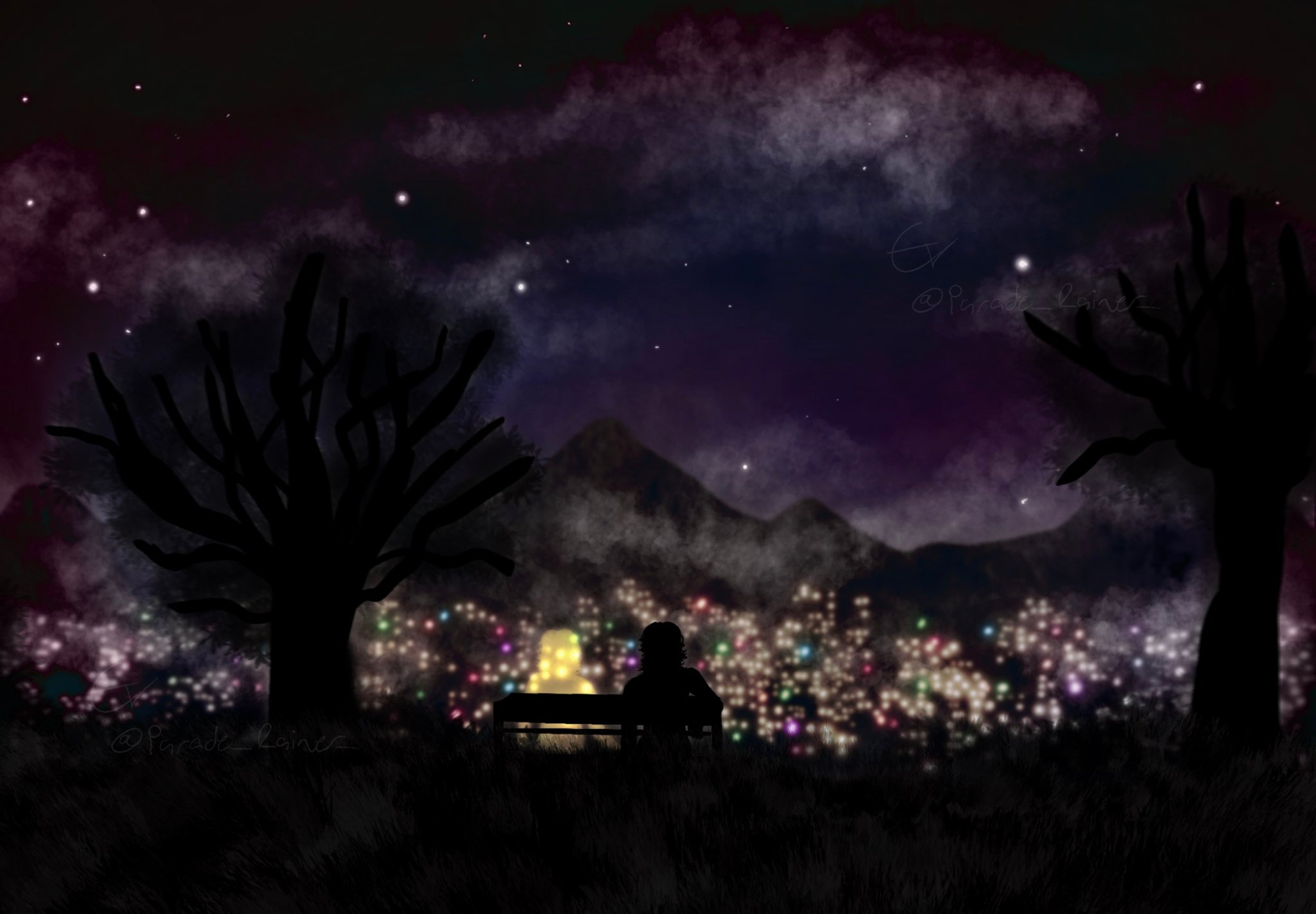 Digital art of a cityscape at night time, with the silhouette of someone sitting on a bench. A glowing, slightly transparent silhouette of an identical person sits next to them, holding their hand