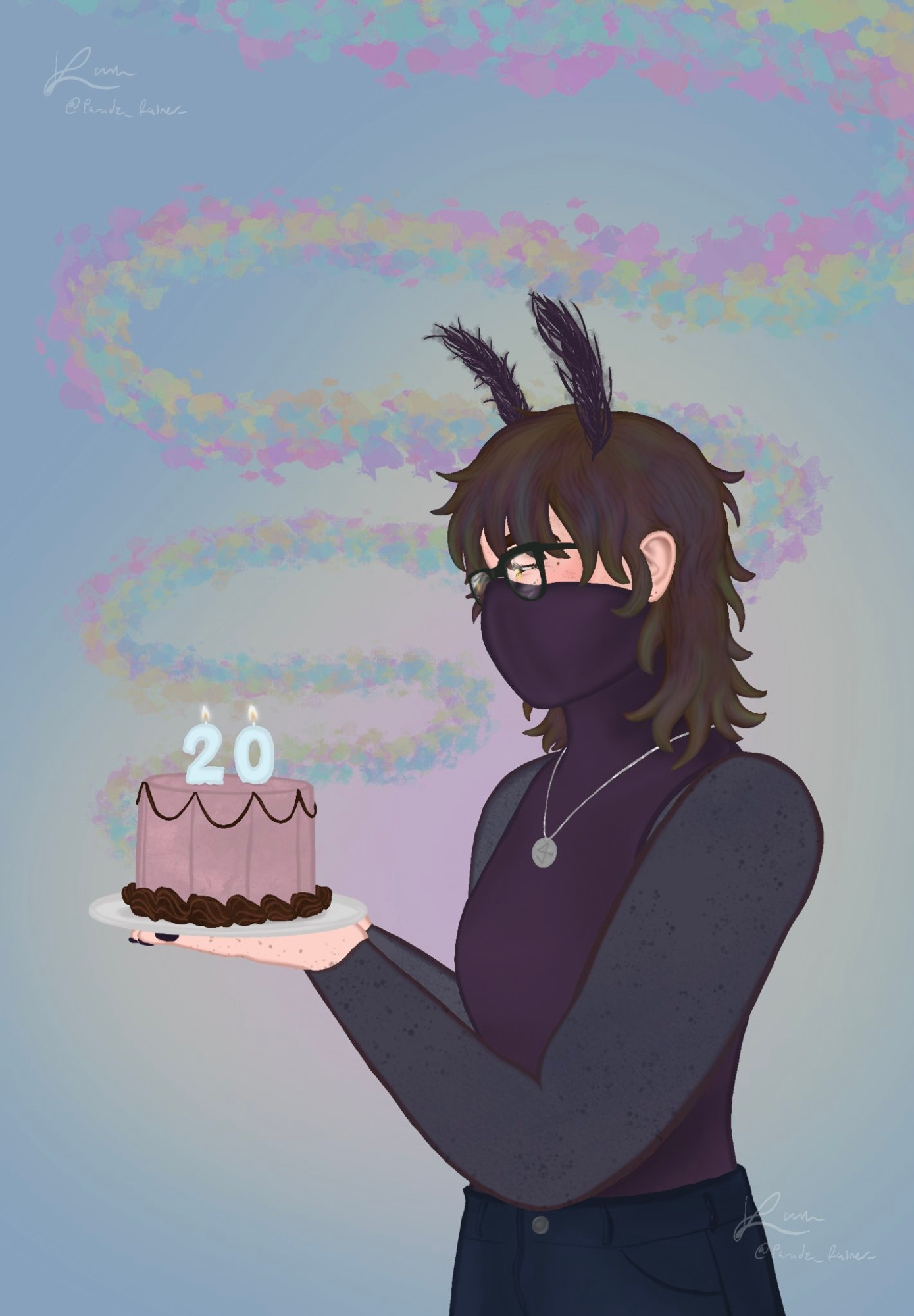 Digital art of my sona I made for my birthday! They have moth-inspired antennae on their head, and are holding a cake, which has candles with the numbers two (2) and zero (0). He has a mask on, but his eyes show that she's smiling