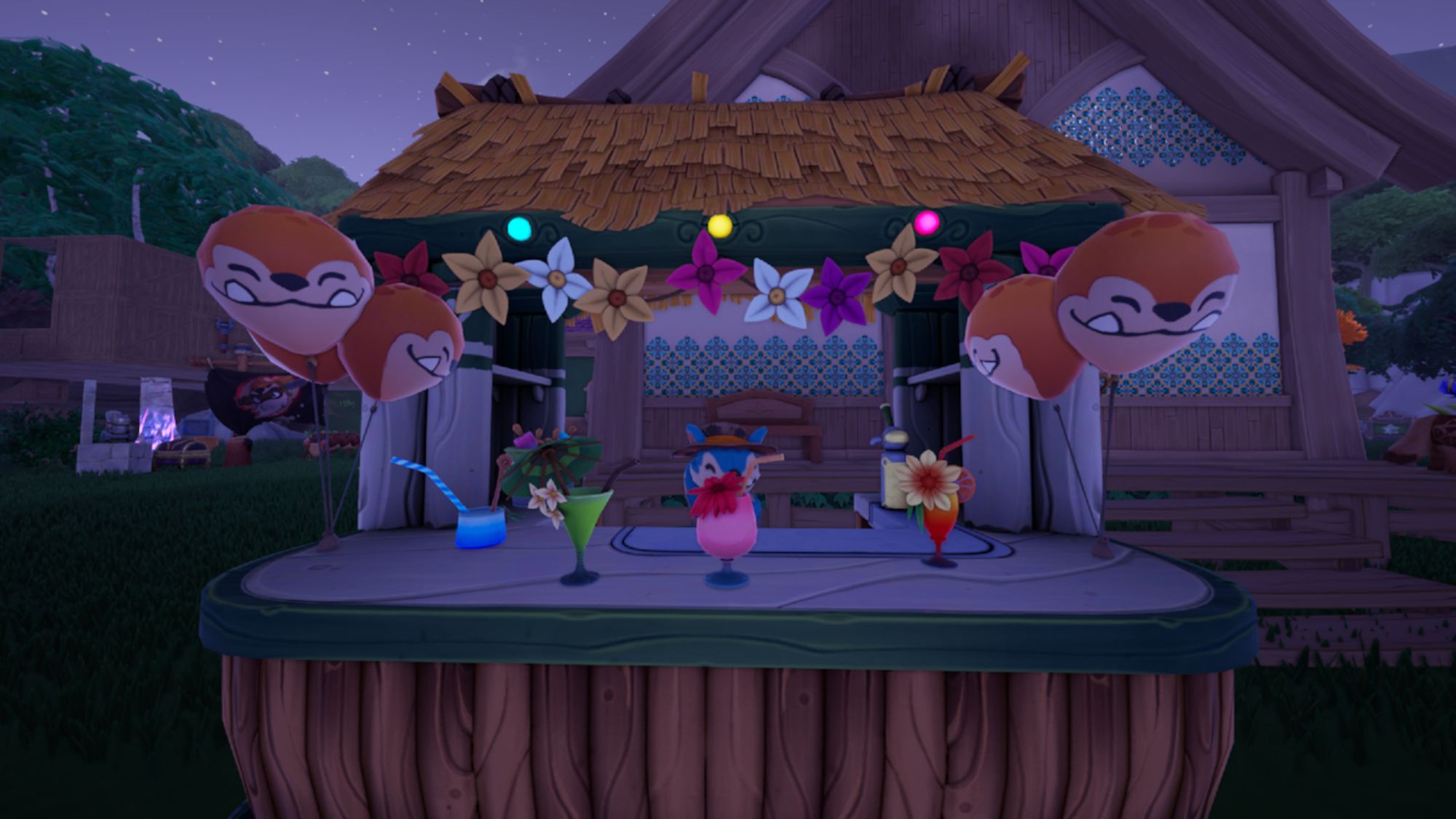 Screenshot from Palia of the summer tiki bar decorated with chapaa balloons. In the background there's a structure with a pirate flag.