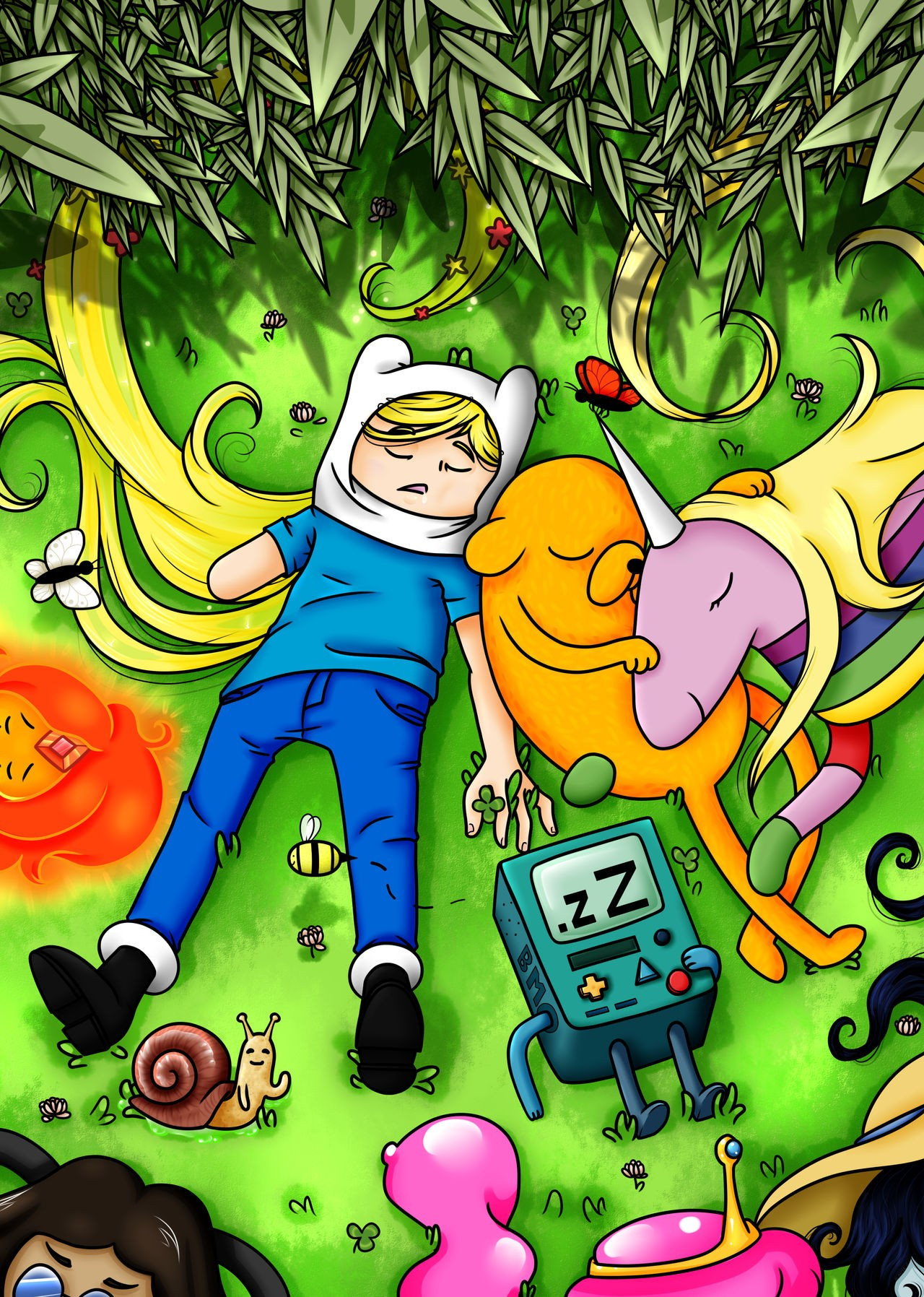 Adventure Time: Come Along With Me Finale Zine - Finn and crew napping under the growing Willow Tree. #AdventureTime #zine #fanart #pickledpyperarts