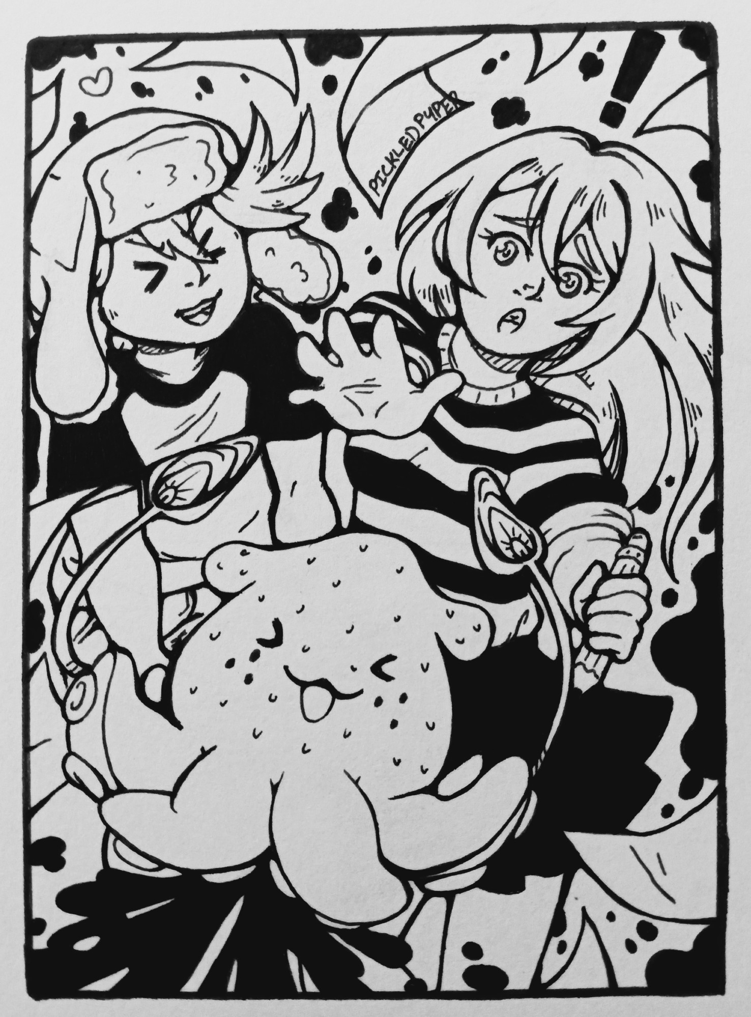 Black & White ACEO/Art Trading Card Fan Art of Spilled Ink ( Emirichu & Daidus ) with their mascot Ichika!