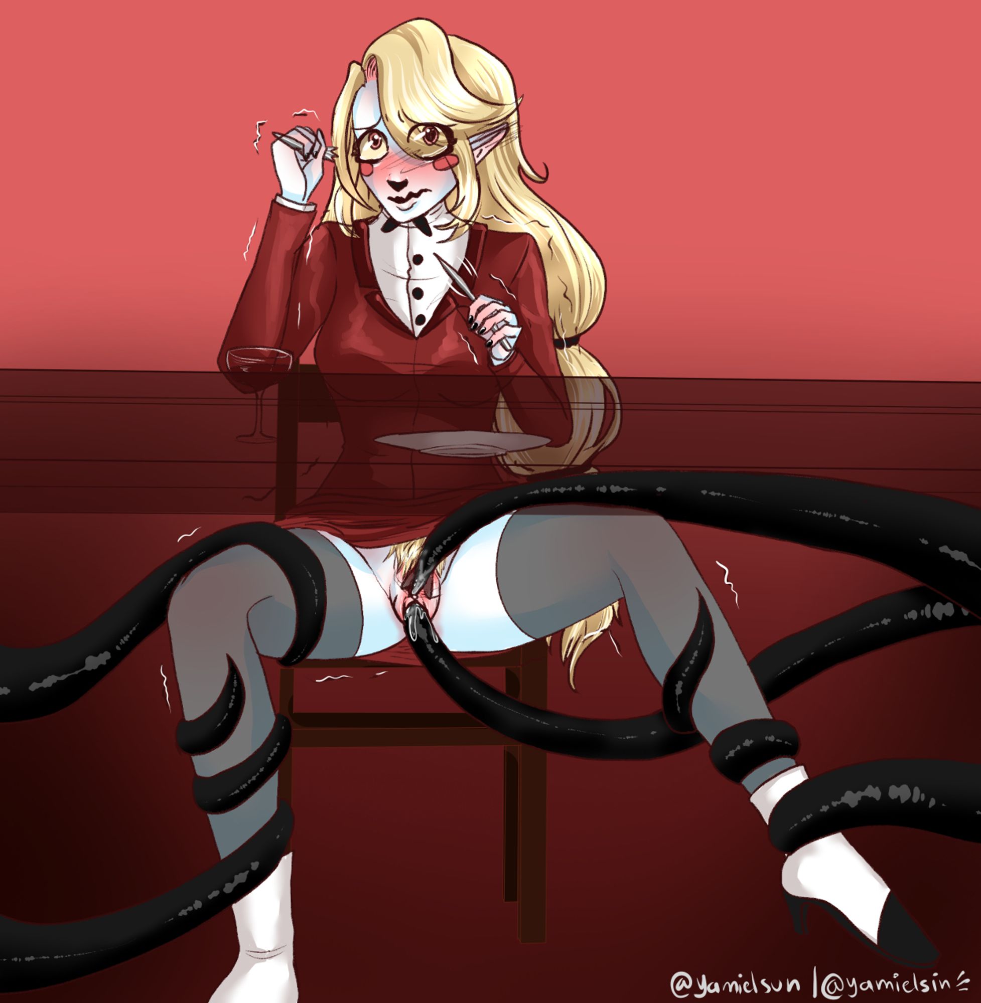 charlie is sitting at a dinner table, trembling. You can see under the table where Alastor's tentacles are holding her legs open, she is in a skirt and not wearing underwear, one of the tentacles is penetrating her while another is playing with her clit.