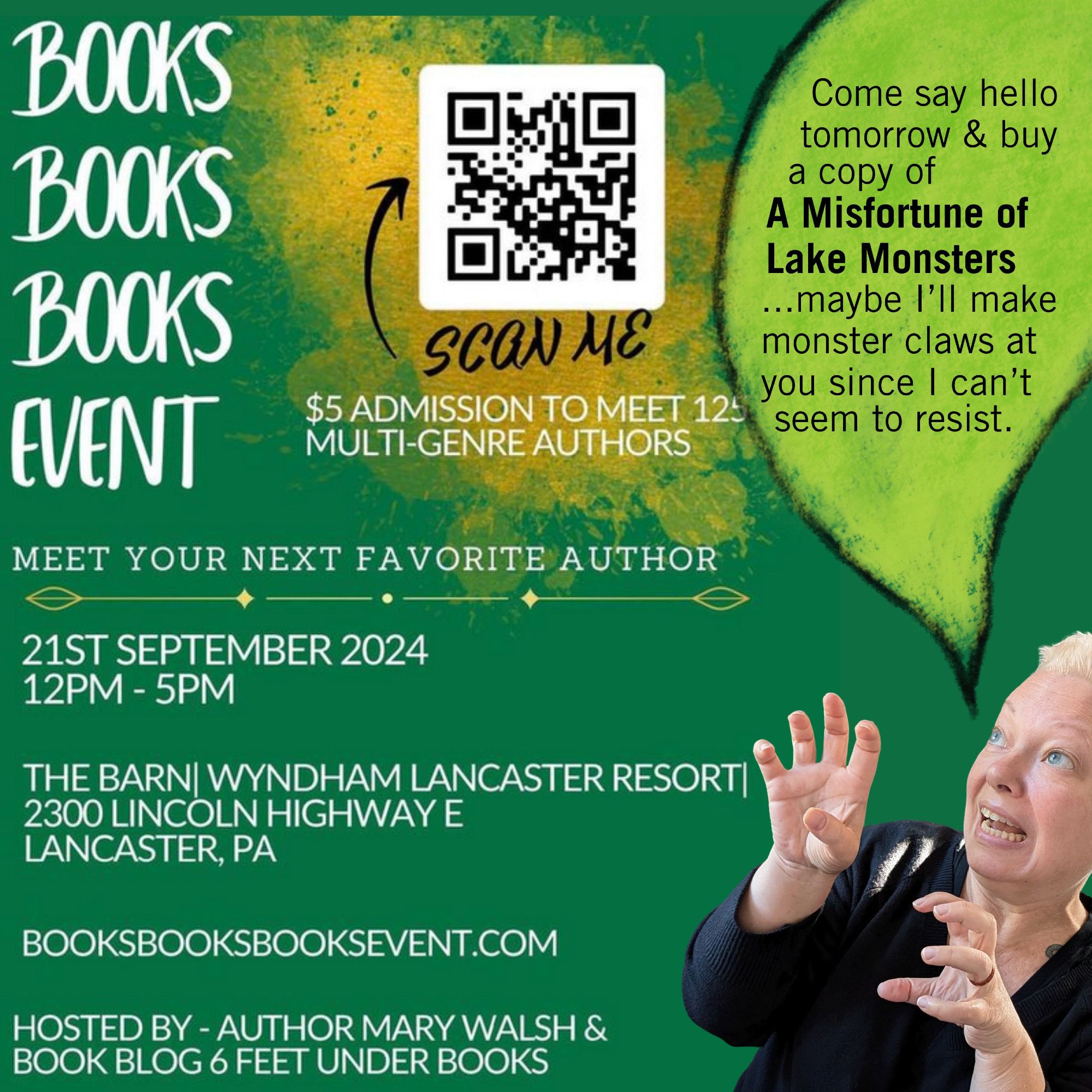 In addition to having A Misfortune of Lake Monsters copies with me at the Books Books Books event on Sept 21 in Lancaster, PA, I'll also be selling The Trajectory of Dreams (adult psychological thriller) and Bodies Full of Burning (short fiction anthology that centers horror through the lens of menopause). And if you buy a copy of all three, I'll throw in a free I Believe In Lake Monsters tote (while supplies last).