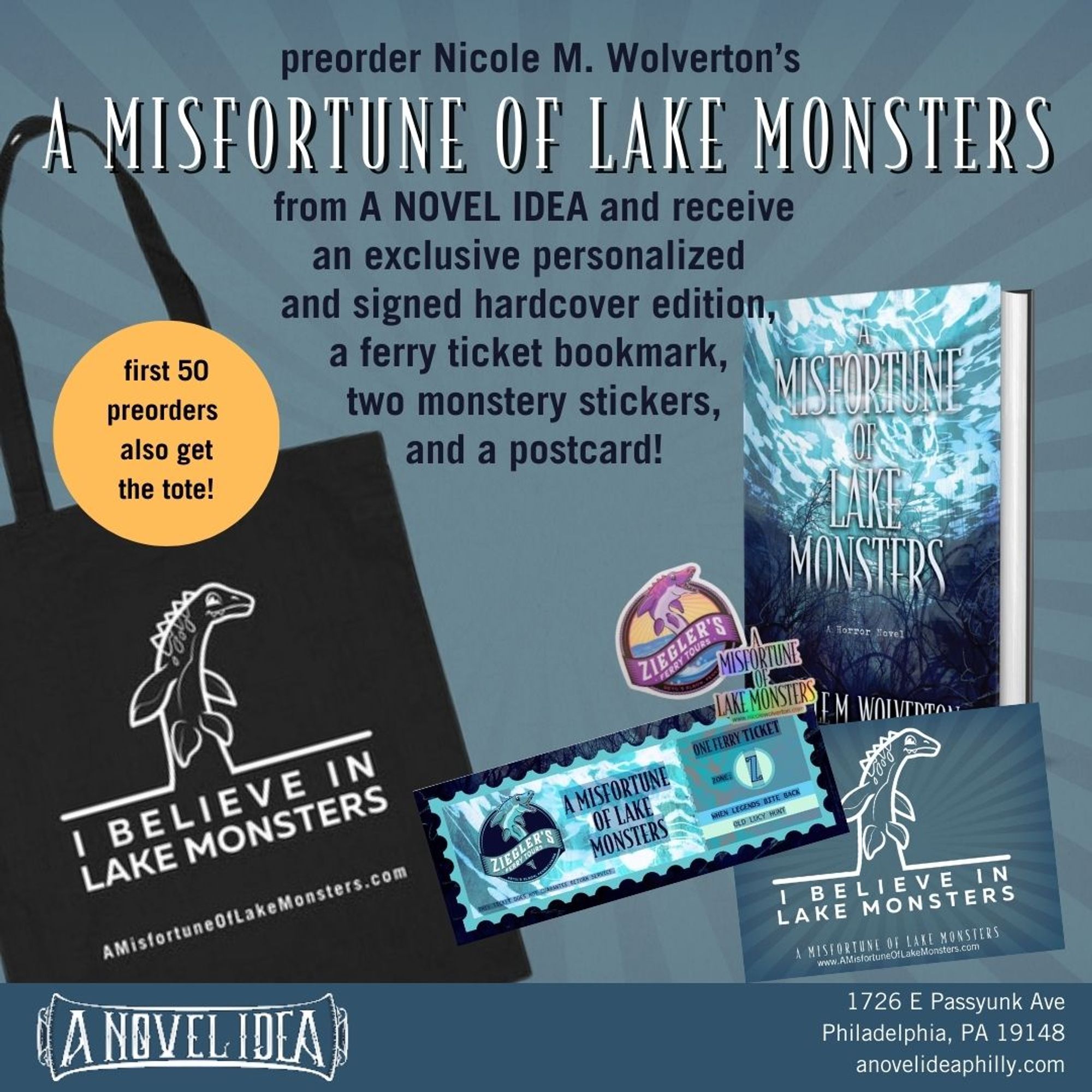 The preorder campaign for A Misfortune of Lake Monsters is officially OPEN! And if you're one of the first 50 preorders, you get an I BELIEVE IN LAKE MONSTERS tote. Woohoo!