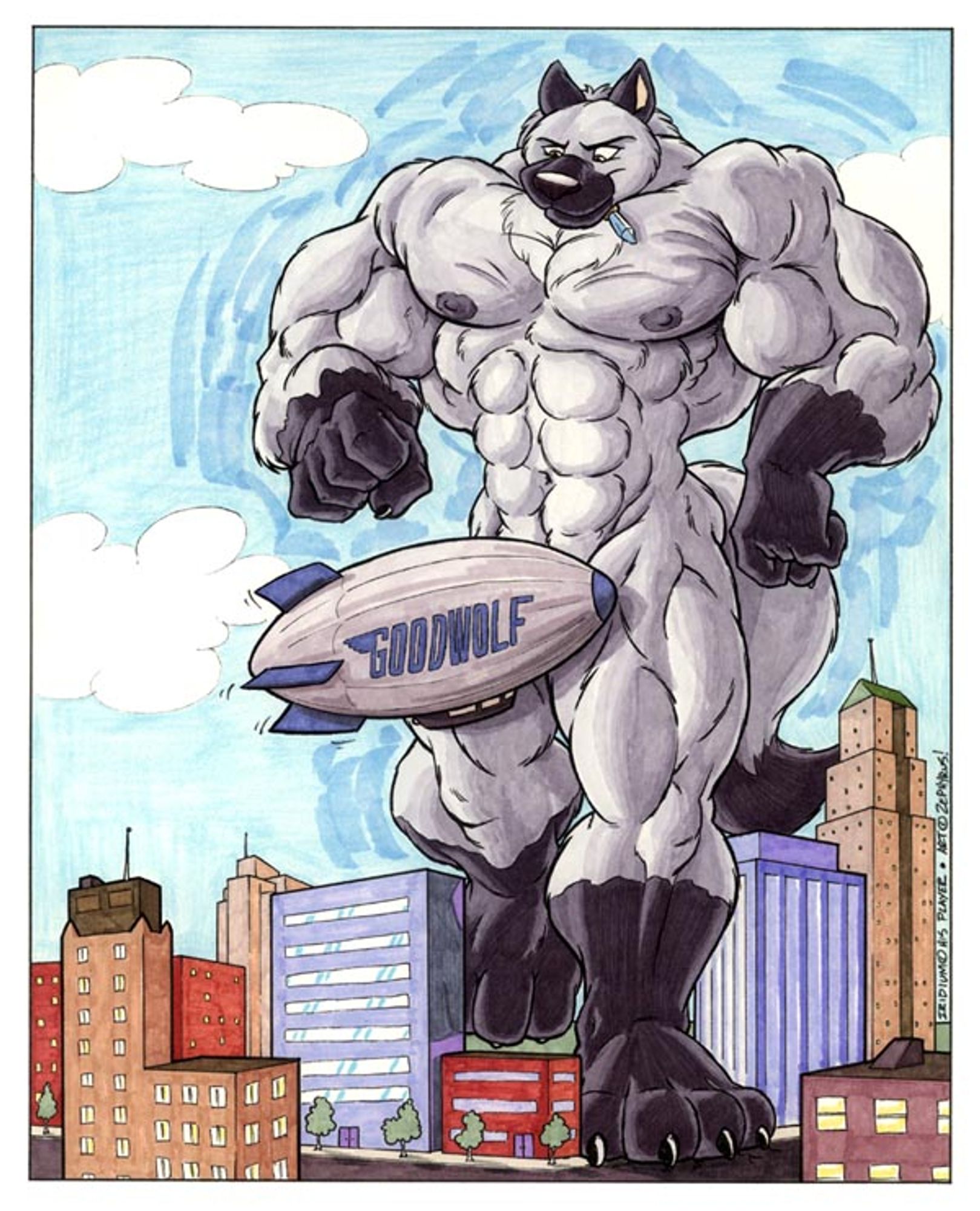 Macro-sized male wolf Iridium, with a colossally muscular physique, strolling through a city, buildings coming up to his knees and a blimp providing him with 'modesty.'