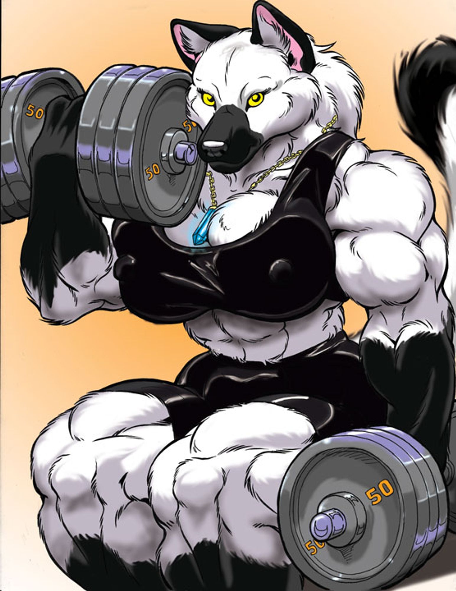 A picture of the female wolf Iridium, bicep curling 300 pounds in each arm, with the physique to make it a good workout.  She is wearing her usual attire of black sports bra and black spandex shorts.