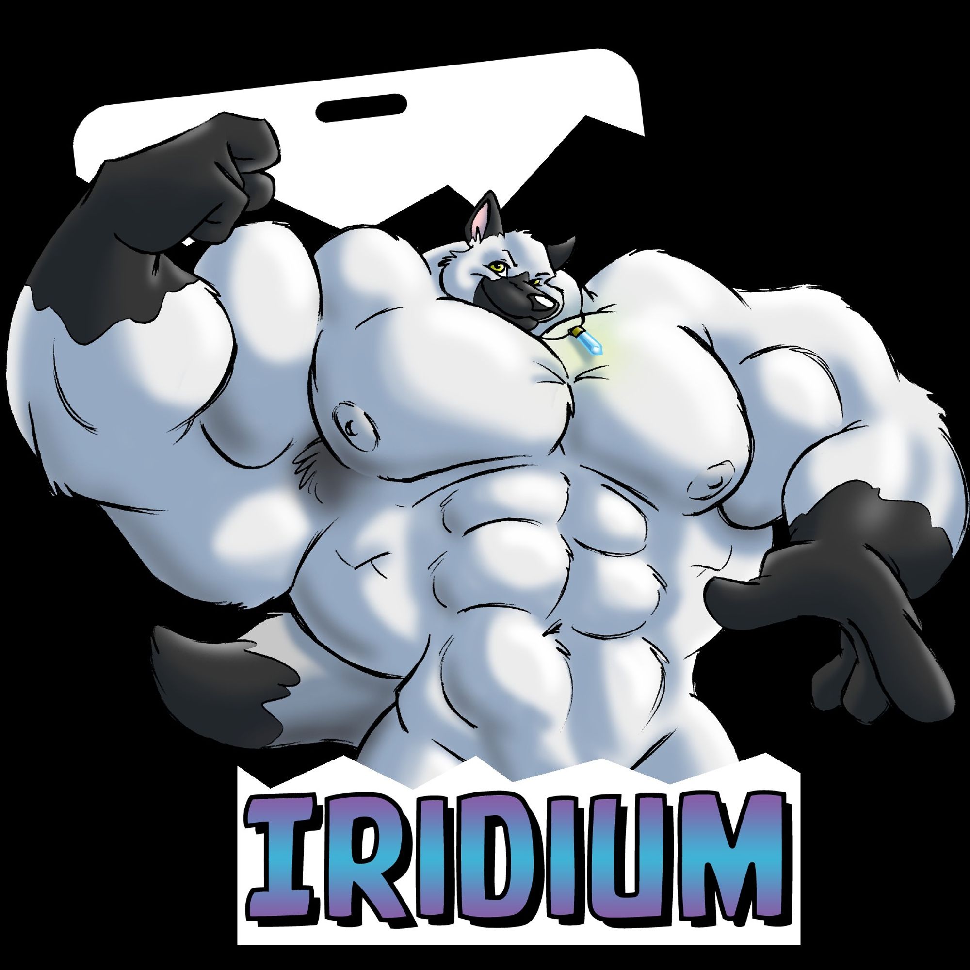 A fantastically muscular male iridium, flexing and showing off a huge bicep.  The image is from a badge.