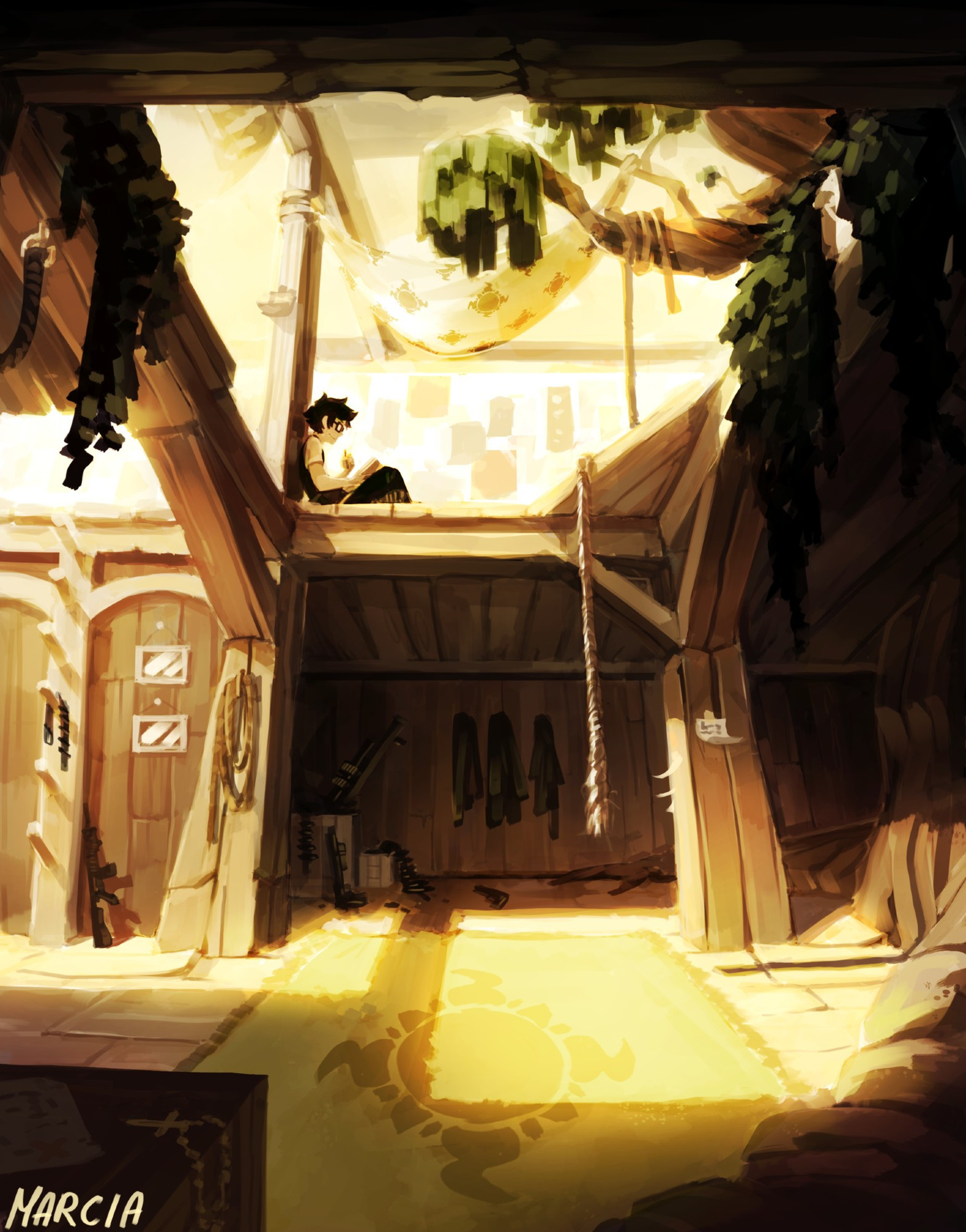 A digitally painted image of the inside of a big tree house. In the central part of the image a boy can be seen reading a book.