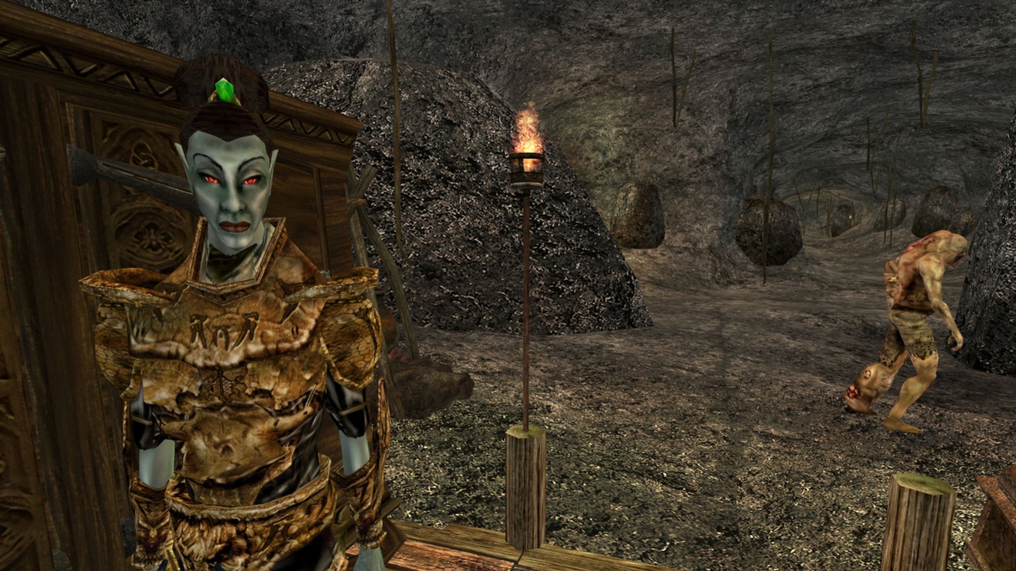 A female Dark Elf wearing bonemold armor.