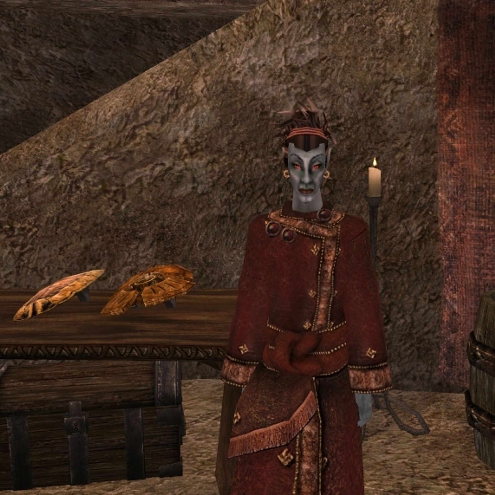 A Dark Elf trader wearing expensive clothes.