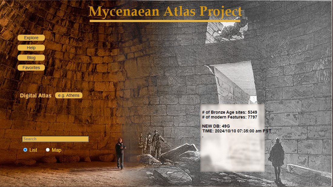 Splash page for Helladic.info.  The Mycenaean Atlas Project interactive database.