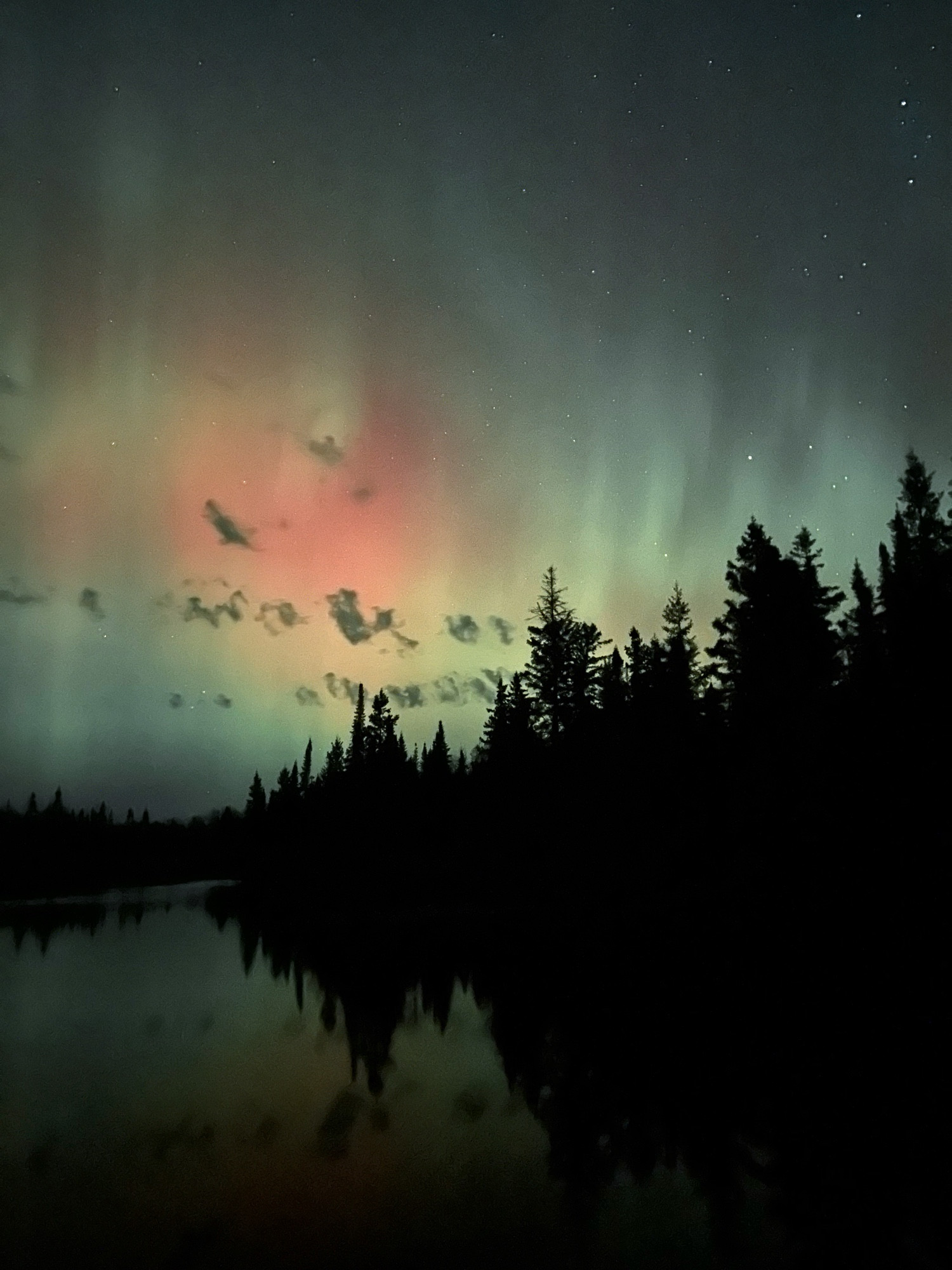 Swirls of pale green and a patch of red light dance above the silhouettes of spruce trees. All of this is reflected in the still water of the pond in front of them.