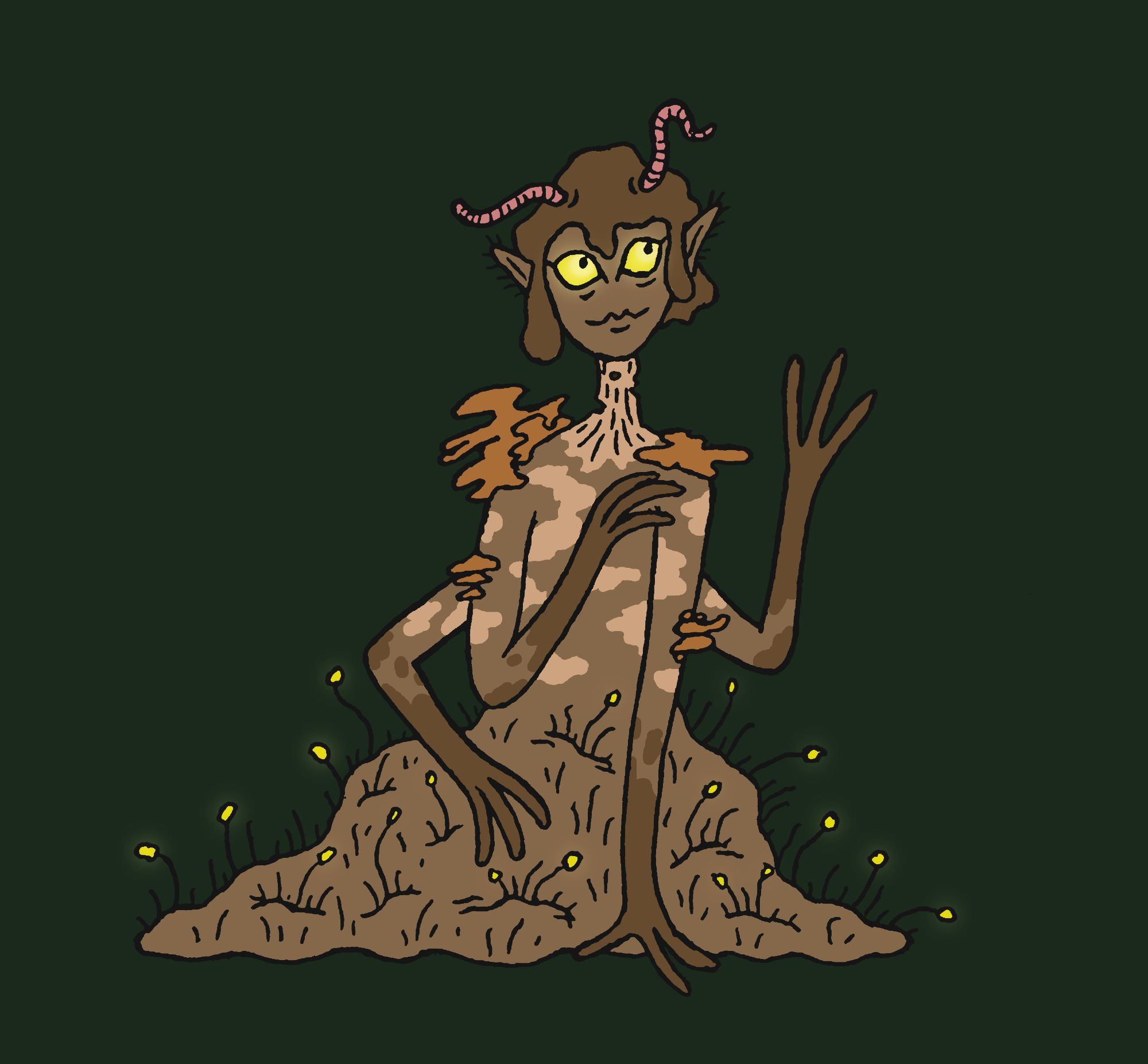 Drawing of a humanoid fungus-looking creature. They primarily look to be made of mud with a humanoid face and torso, though they have an extra set of arms and no legs. They have glowing gold eyes and a couple of earthworms on their head. They have bracket fungus on their arms and a sort of glowing slime mold on the blobby lower half of their body. They are smiling and waving with one three-fingered hand.