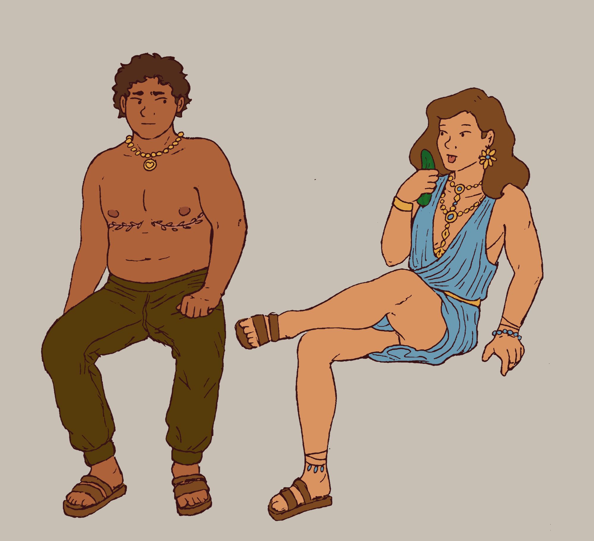 Drawing of two guys sitting near each other. One of them (Fern) is looking at the other (Kite) with skepticism. Fern is bigger with short curly brown hair and top surgery scars. He is wearing a gold necklace, brown pants, and sandals. Kite is paler with long, blond-brown hair. He is wearing a lot of gold and blue jewelry, a sleeveless blue wrap dress, and brown sandals. Kite is about to lick a cucumber but is looking at Fern, unsure.