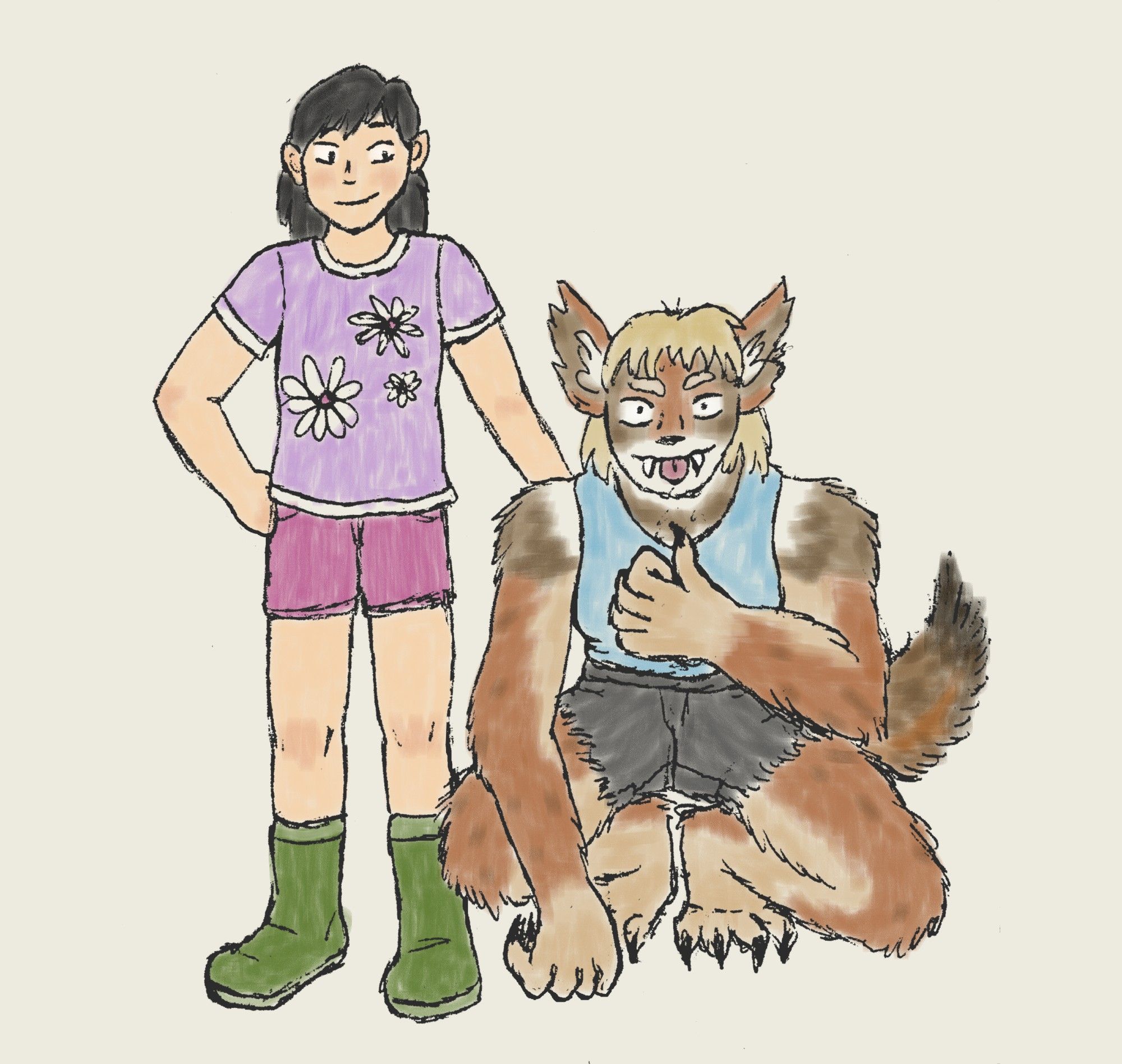 Drawing of two girls, one human, one a large were-coyote. The human girl is small with black hair, and she is wearing a purple and white floral t-shirt, pink shorts, and green boots. The were-coyote girl is crouching. She is wearing a blue tank top and gray shorts. She has messy blond hair, but otherwise she is covered in long coyote-patterned fur and has large ears, a tail, and huge clawed hands and feet. The human is smiling down at the were-coyote, who is giving a thumbs-up with her tongue sticking out.