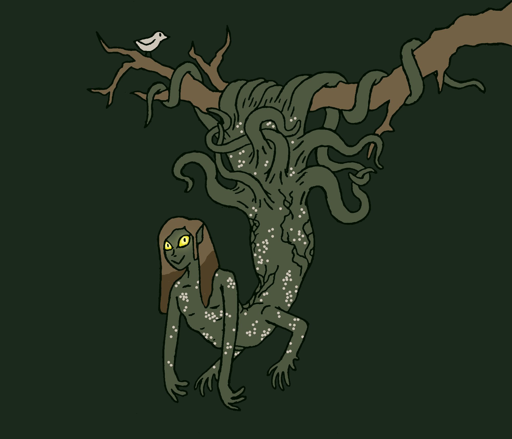 Drawing of a tentacle-y moldy looking guy. They have a humanoid head with long brown hair, glowing gold eyes, and pointed ears. They have an extra set of arms on their elongated torso and their whole body is green with white moldy dots. Their lower body is a blobby mass of tentacles, which they are using to hold onto a tree branch. Their is a little white bird sitting in the tree, unbothered.