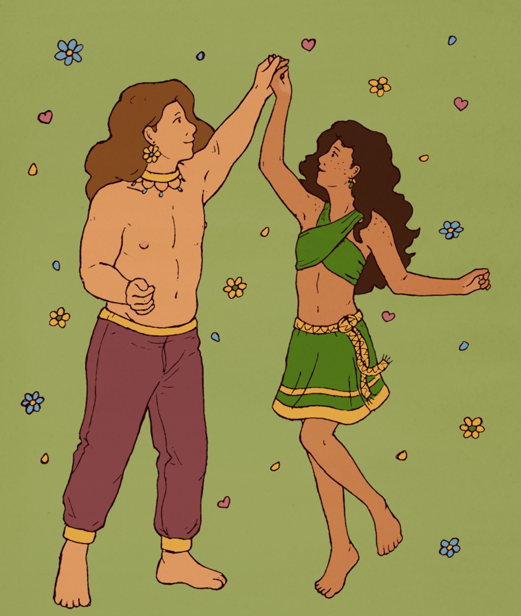 Drawing of two guys dancing on a green background with little hearts and flowers around them. The guy on the left is Kite. He is taller and broader with long blond-brown hair. He is wearing big flower-shaped earrings, a gold necklace, and purple-ish colored pants with gold trim. The guy on the right is Oriole. He is small and thin with wavy dark hair and freckles. He is wearing little leaf earrings, a green wrap top, and a green and gold skirt with a gold belt.