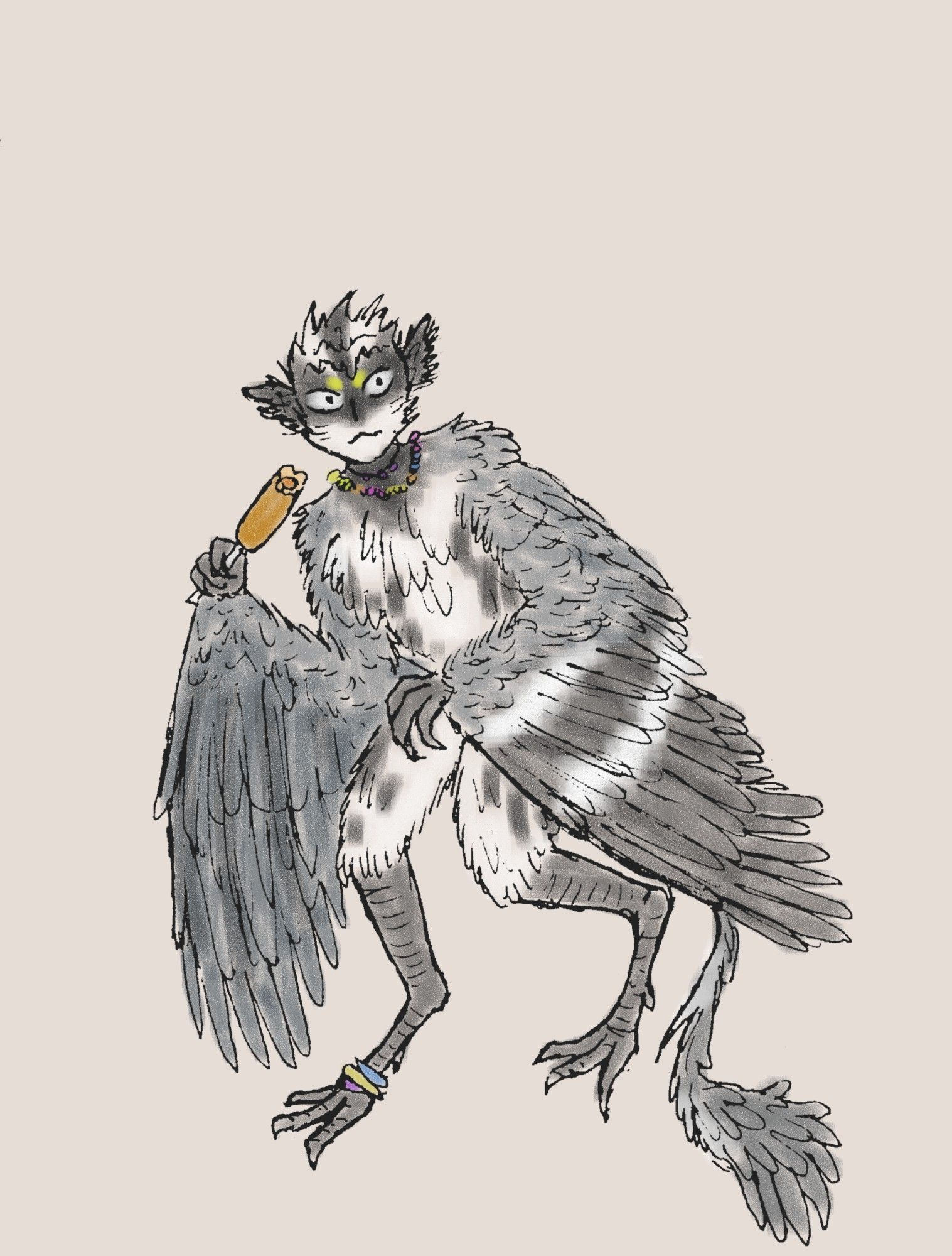 Drawing of a very feathery harpy with the colors of a black-throated gray warbler. The harpy has clawed hands on their wings and are holding a hotdog. They also have a long, bendy, feathered tail and they are wearing colorful jewelry.