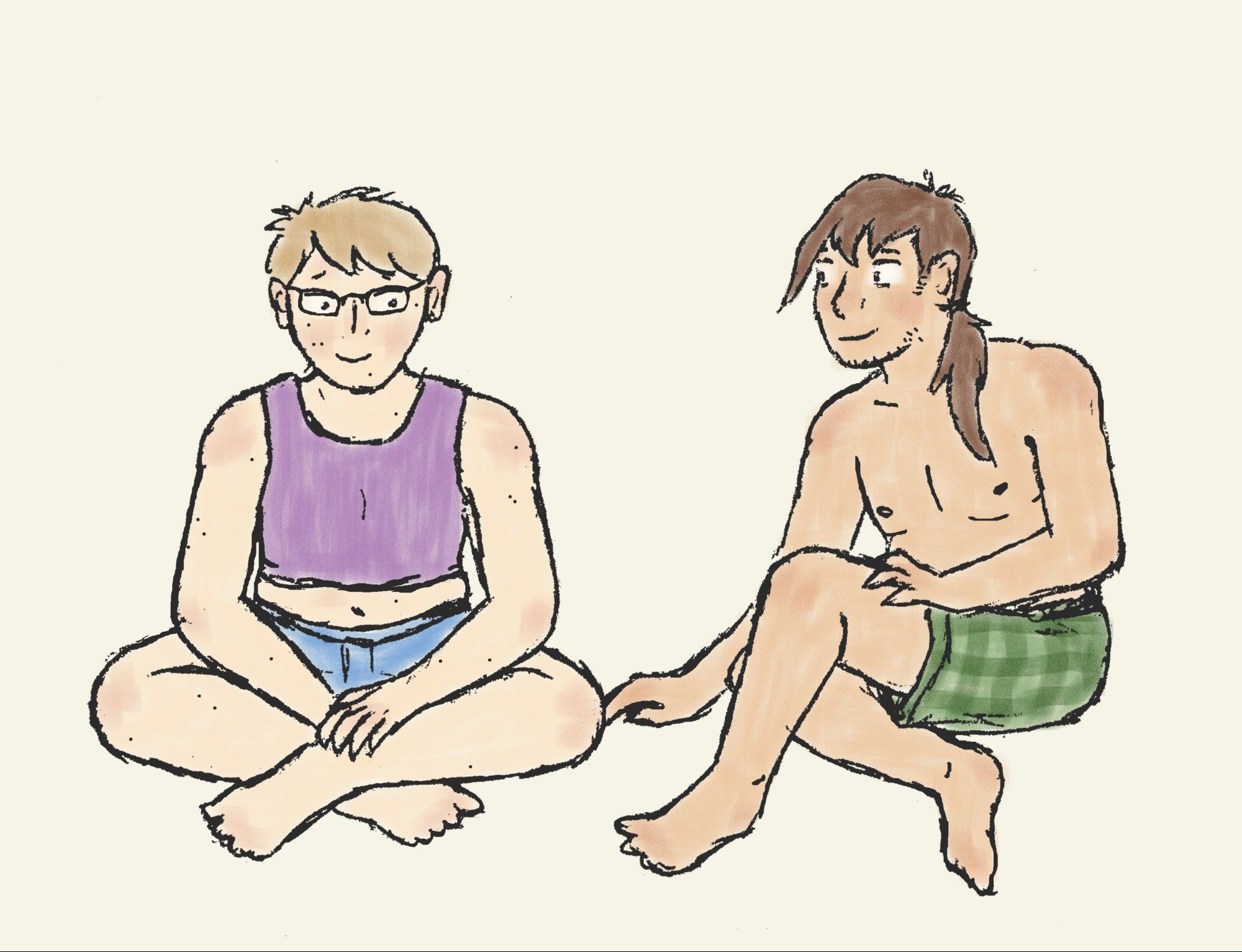 Drawing of two guys sitting on the ground, smiling. On them has short blond hair and square glasses, and he is wearing a purple chest binder and blue shorts. The other guy has long brown hair in a ponytail. He has some stubble, and he is shirtless and wearing green plaid boxers.