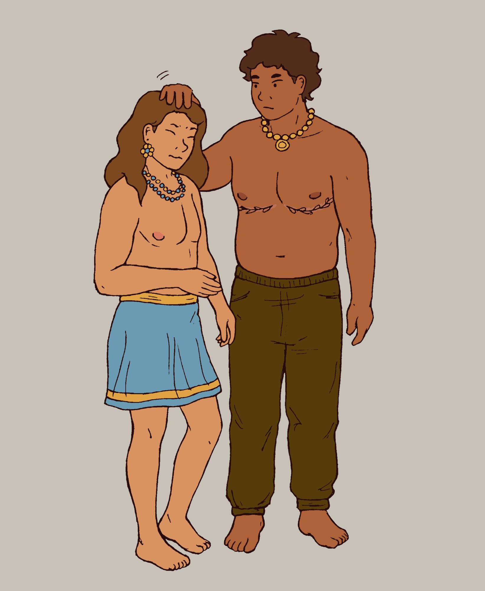 Drawing of two guys, Kite and Fern. Kite is shorter and paler with long blond-brown hair. He is wearing gold and blue necklaces and a skirt. Fern hair short curly brown hair and top surgery scars, and e is wearing a gold necklace and brown pants. Fern is ruffling Kite's hair with a neutral expression, while Kite has his eyes closed and looks a bit upset.