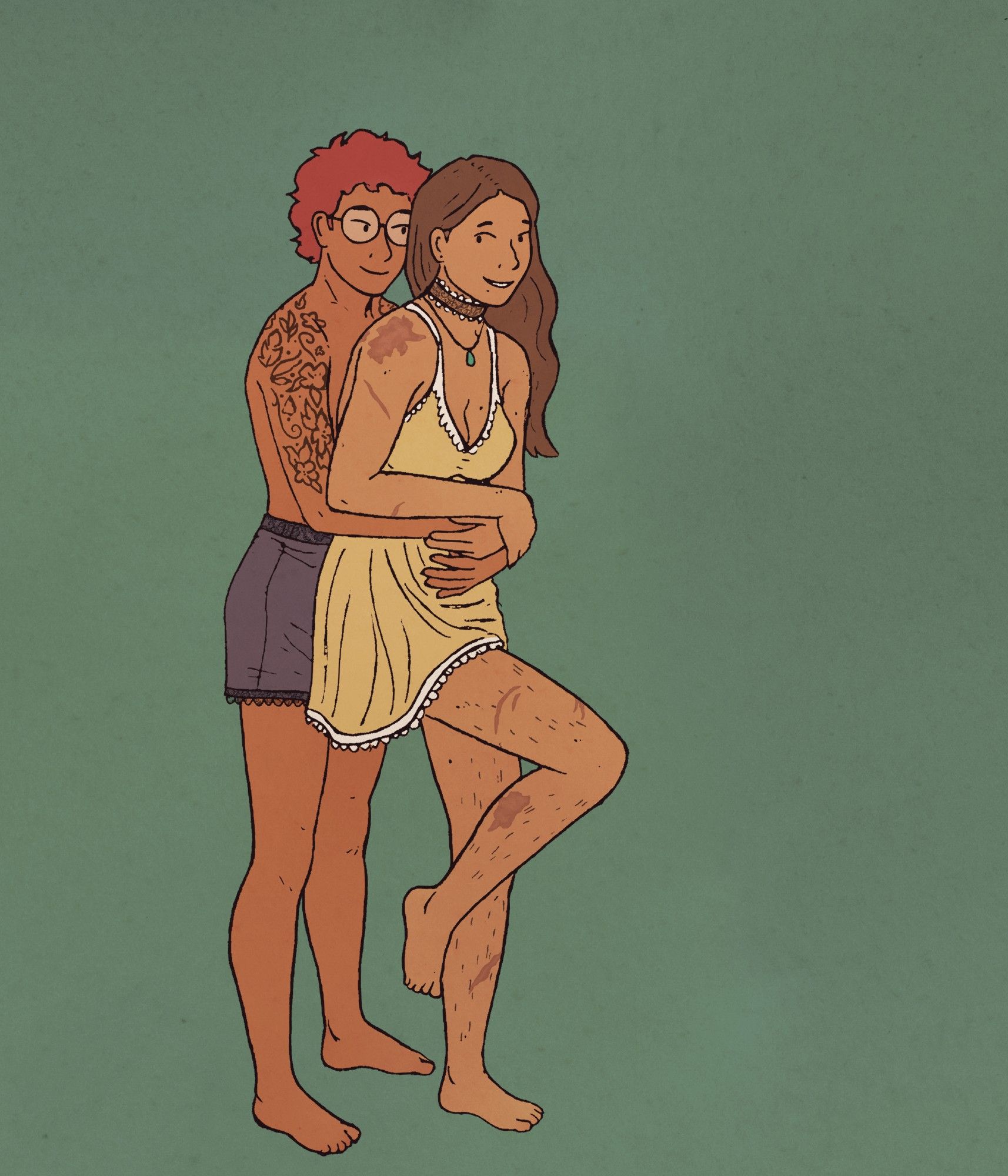 Drawing of a woman (Leo) hugging her partner (Emi) from behind. Leo is a little taller with curly red hair, tattooed upper arms, and big round glasses. She is wearing grayish-purple lacy boxer-type underwear. Emi has long brown hair, a rounder face, and a lot of scars on her arms and legs. She is wearing a lacy choker and a short yellow nightgown. Leo and Emi are both smiling at each other.