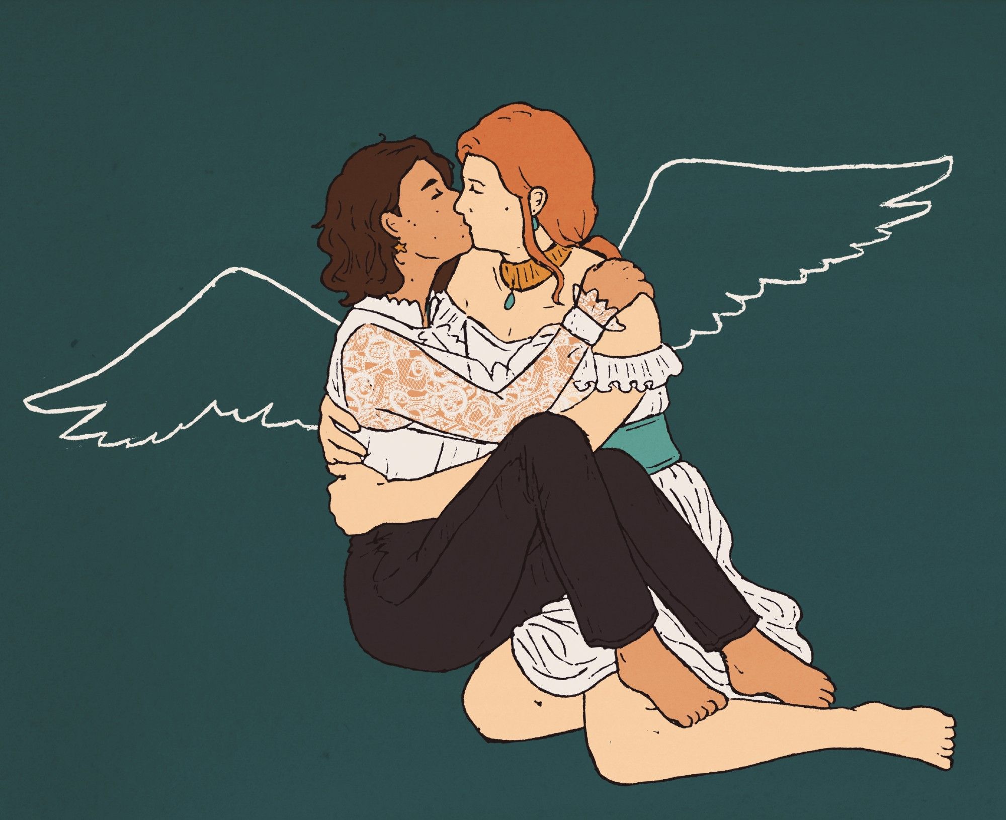 Drawing of two guys sitting on the ground, holding each other close as they kiss. The guy on the left, Lace, is a bit smaller and has chin-length, wavy brown hair and a lot of little moles. He is wearing star-shaped earrings, a white blouse with long lace sleeves, and black pants. The guy on the right, Nemato, is paler with a beauty spot, and he has long red hair tied back in a loose ponytail. He is wearing teardrop earrings, a gold collar, and a white frilly dress with a teal-colored corset belt. The background is a dark teal color, and on the backs of both guys are the white outlines of bird wings.