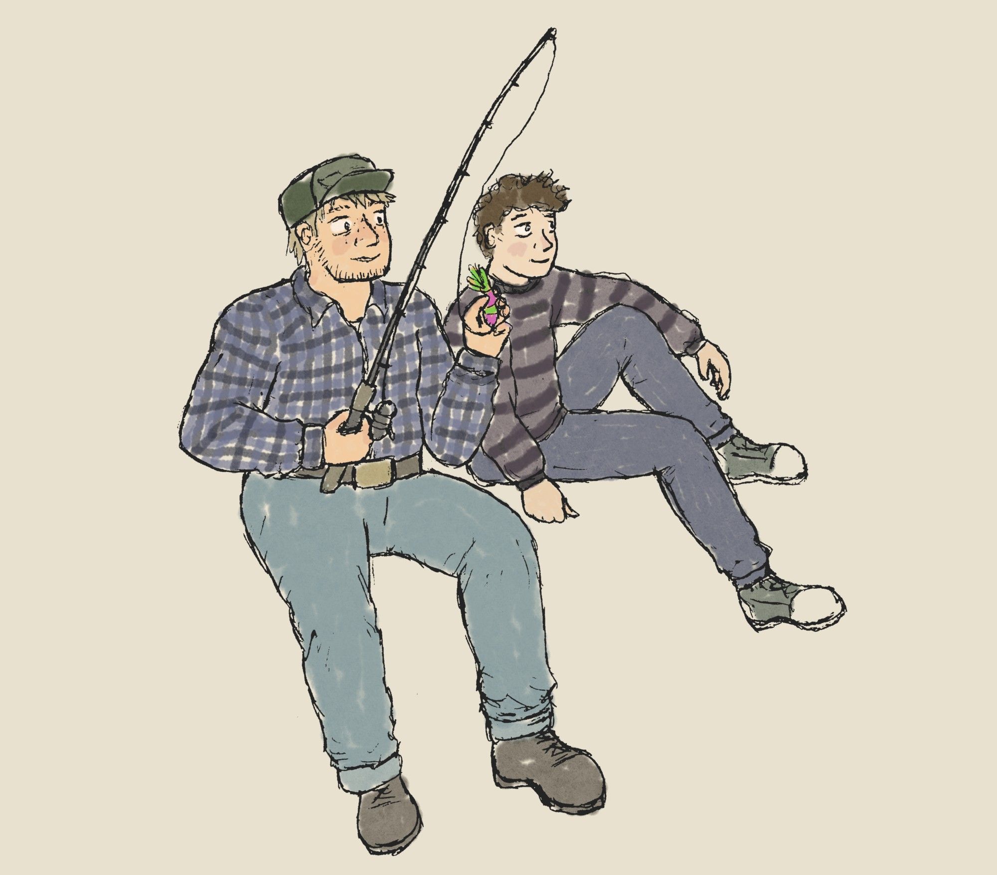 Photo of two guys sitting and fishing. The guy on the left is much larger and as blond hair and short beard and freckles. He is wearing a green hat, blue plaid shirt, blue jeans, and dark gray boots. He is holding a fishing rod with a colorful lure. The other guy is small and thin and pale with dark hair. He is wearing a gray striped sweater, dark blue jeans, and gray sneakers.