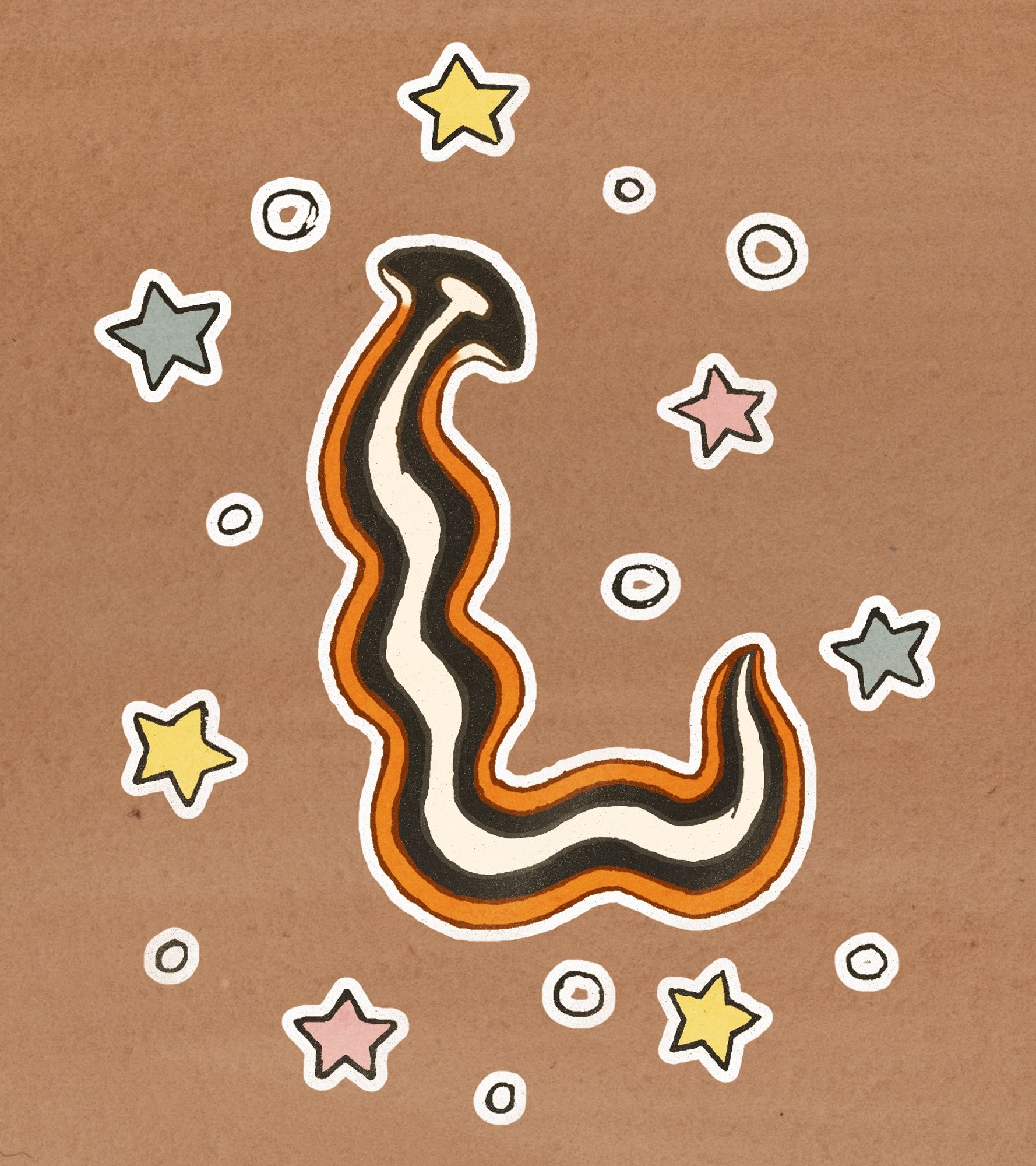 Drawing of a orange, black, and white striped hammerhead worm surrounded by pastel stars and circles. They all have white borders which make them look like stickers on a brown background.