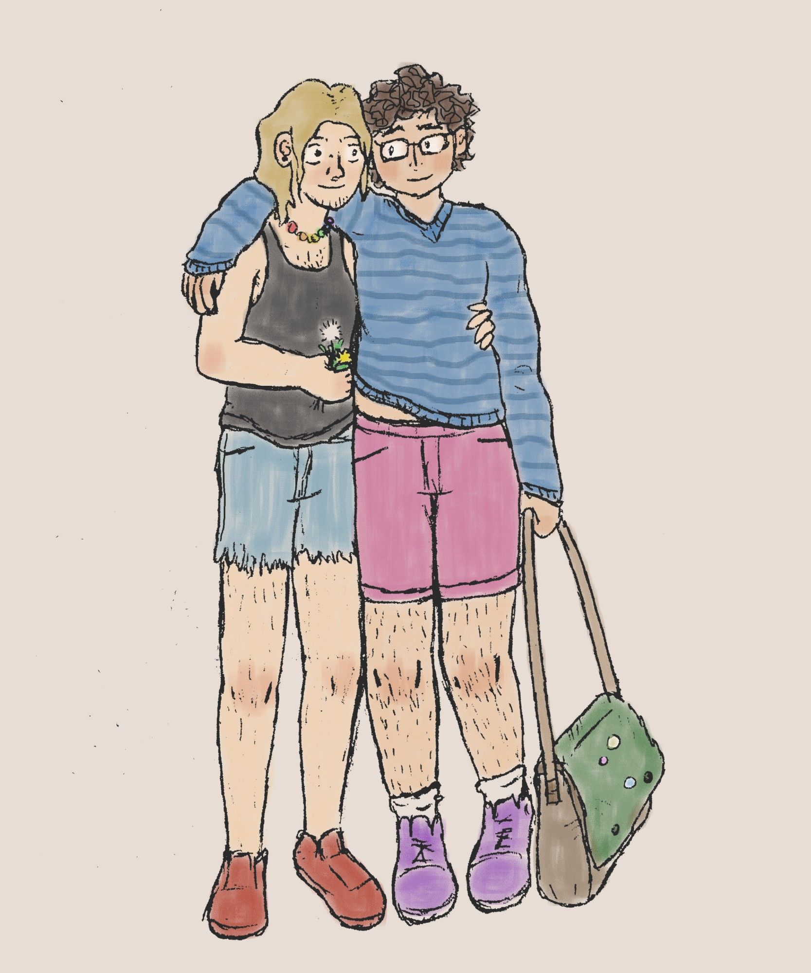 Drawing of two guys standing smiling, half-hugging. The guy on the left has medium-length blond hair and light facial hair. He is wearing a rainbow necklace, black tank top, ripped jean shorts, and red slip-on shoes. He is holding some dandelions in his free and. The other guy has curly brown hair and square glasses. He is wearing a blue striped sweater, pink shorts, white socks, and purple sneakers. He has a large brown and green messenger bag in his free hand.