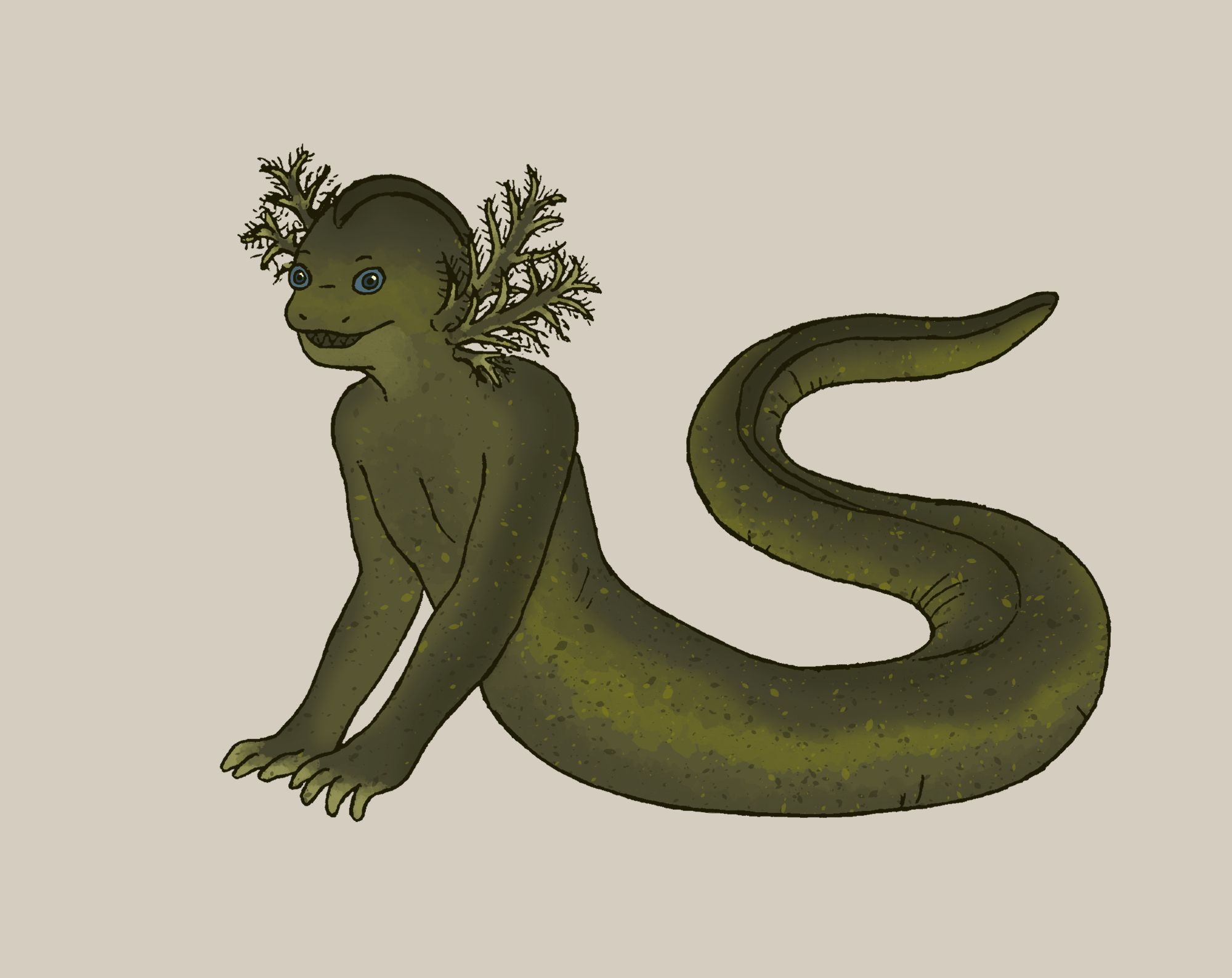 Drawing of a sort of amphibious merfolk. They are green and resemble an aquatic green salamander with a human-like torso. They have blue eyes and snout and very large external gills. Their hands are human-like but their fingers are wide and short.