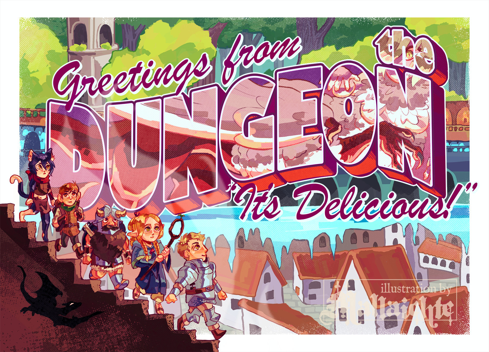 An illustrated Dungeon Meshi postcard. Large text reads "Greetings from the dungeon! It's delicious" against a backdrop of the different levels in the dungeon, from the wooded upper areas to the city at the lower layers. Within the "the dungeon" text, a huge chimera beast with a human upper body, chicken legs and a dragons hindquarters is visible. Descending a staircase at the front are Laios, Marcille, Senshi, Chilchuck, and Izutsumi.