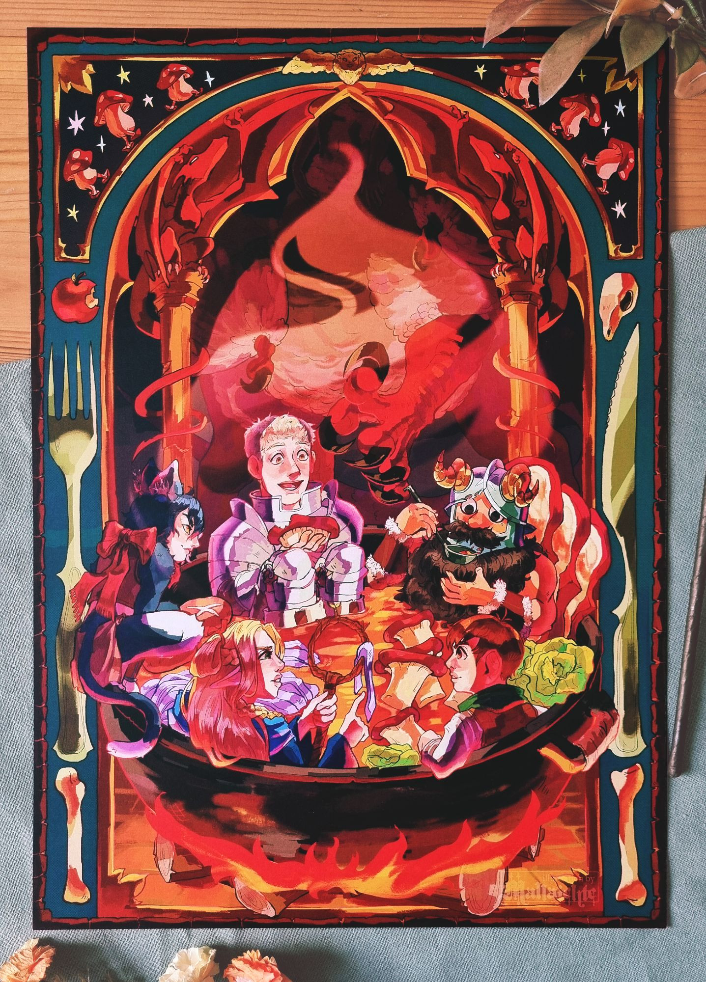 A large illustrated Dungeon Meshi print, showing the main cast of characters sitting in a giant hotpot bowl, while a large chimera beast looms in the shadows behind them.