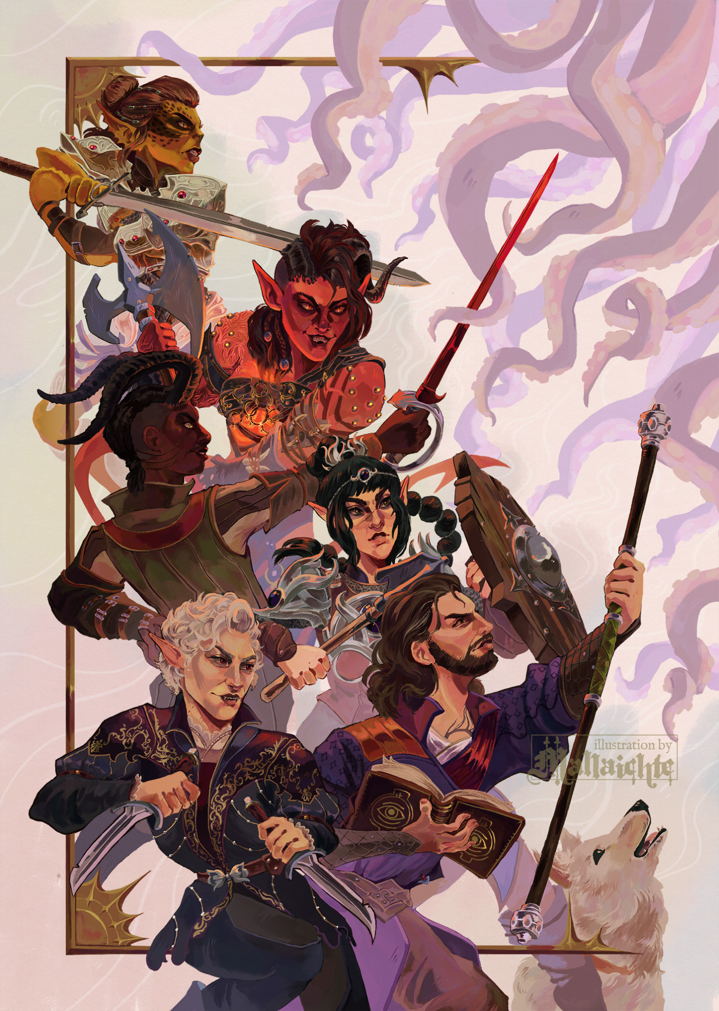 An illustration of the main cast of companions from Baldur's Gate 3 - Lae'zel, Karlach, Wyll, Shadowheart, Astarion, Gale, and the dog Scratch - in battle-ready poses with their weapons drawn. A mass of writhing purple tentacles looms ominously above them.