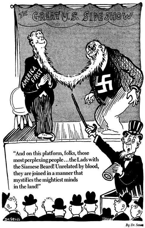 Dr. Seuss, And on this platform, folks, those most perplexing people... the Lads with the Siamese Beard! Unrelated by blood, they are joined in a manner that mystifies the mightiest minds in the land!, 1941. 
Special Collections and Archives, UC San Diego Library