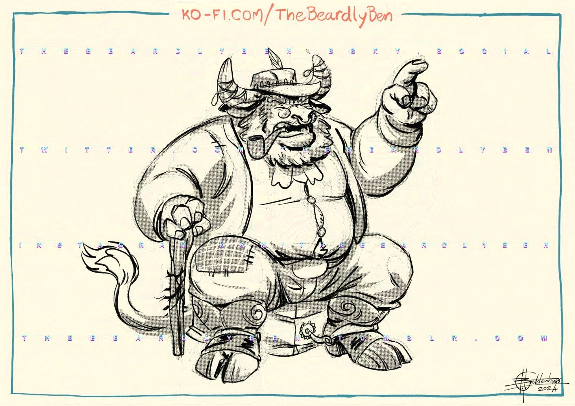 A doodle of a fat and old bearded minotaur with a cane in his right hand and a pipe in his mouth yelling instructions while sitting (and by extension flattening) on a cardboard box.