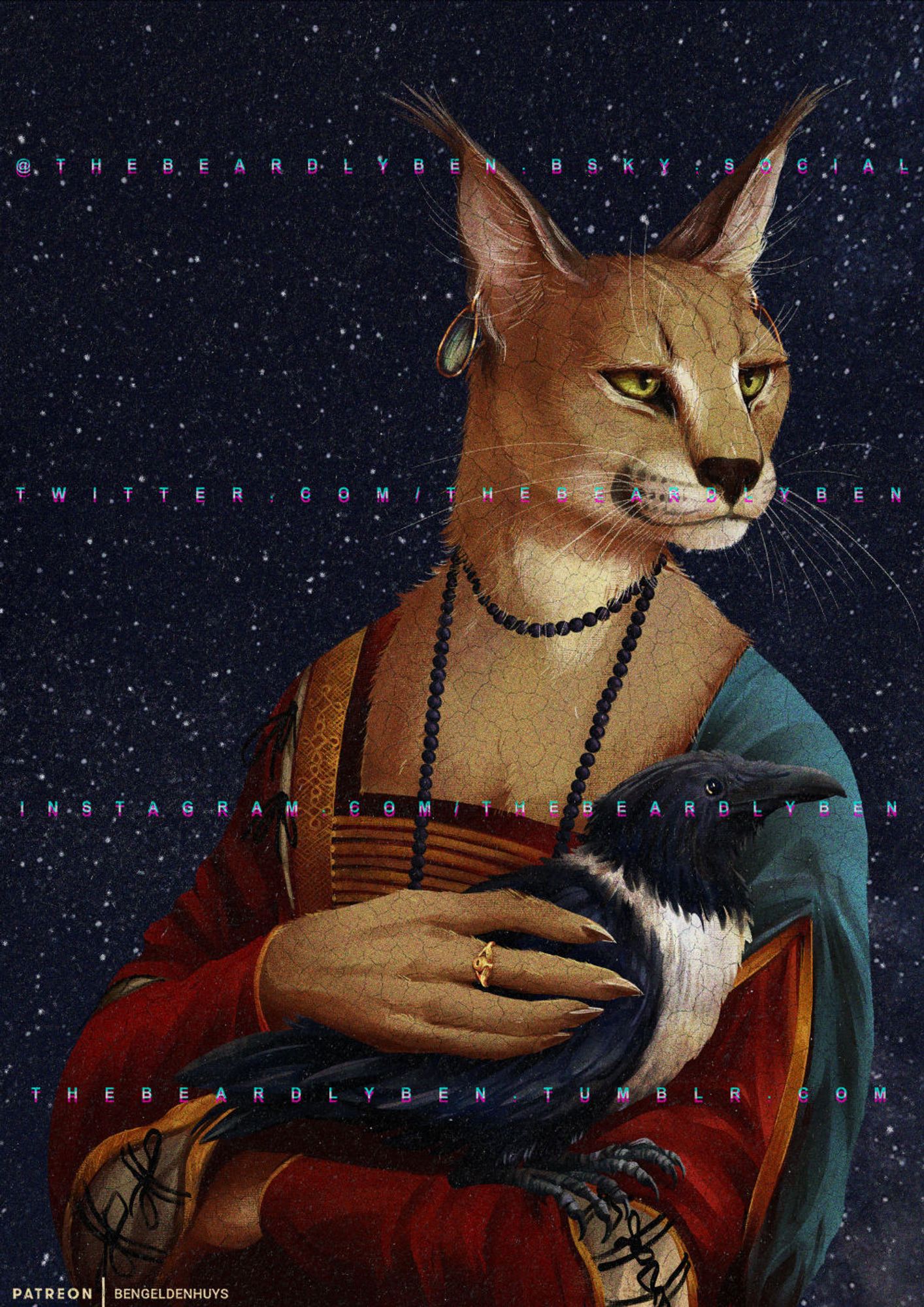 An digital painting of a tabaxi resembling a caracal wearing renaissance clothing and holding a pied crow in her arms with a starry galaxy in the background. The painting is based on the Da Vinci painting Lady with Ermine.