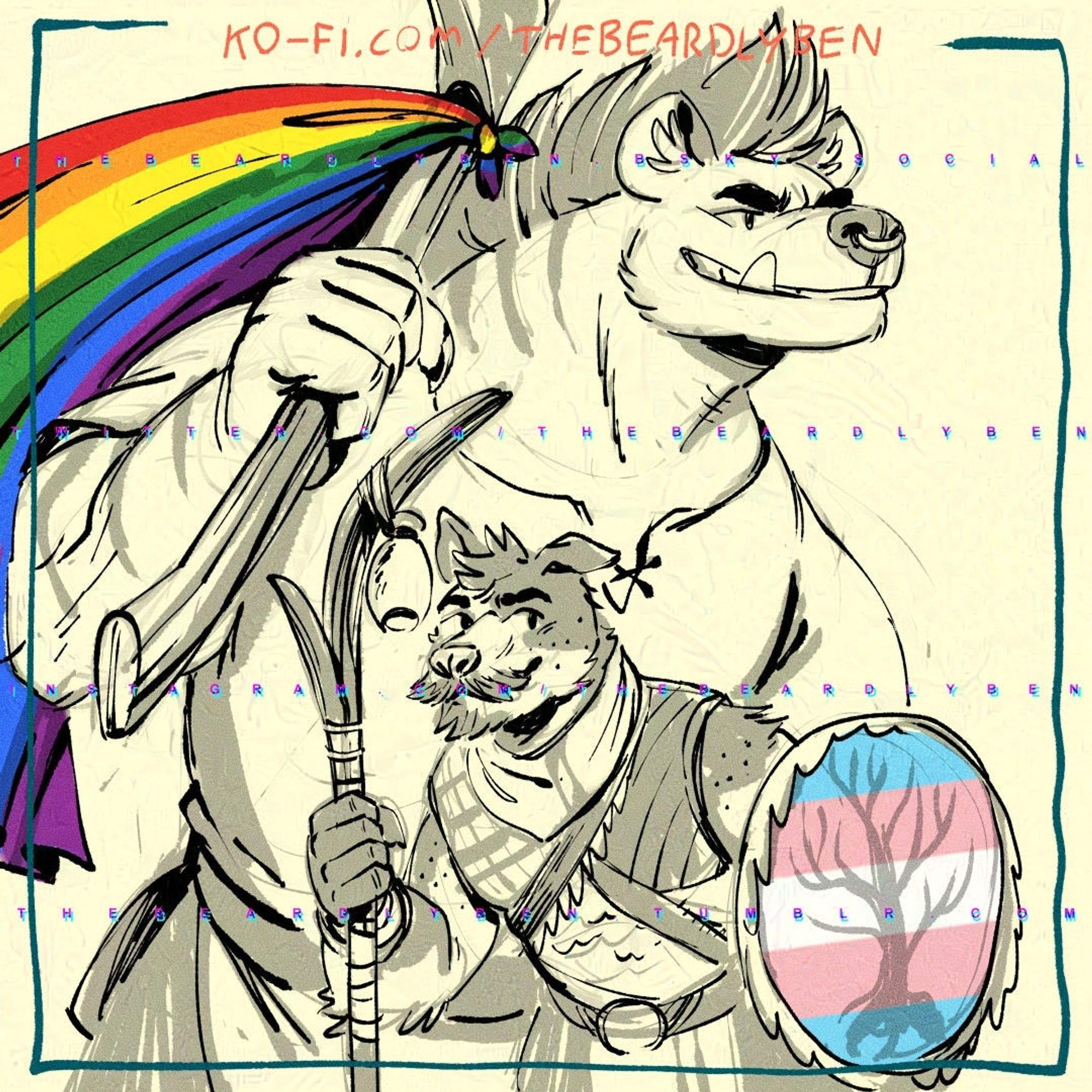 A doodle of a large gnoll barbarian holding an axe over his shoulder and a middle-aged dogman cleric carrying a staff and shield. A rainbow pride flag is tied to the gnoll's axe while the cleric has the trans pride colours emblazoned on his shield.